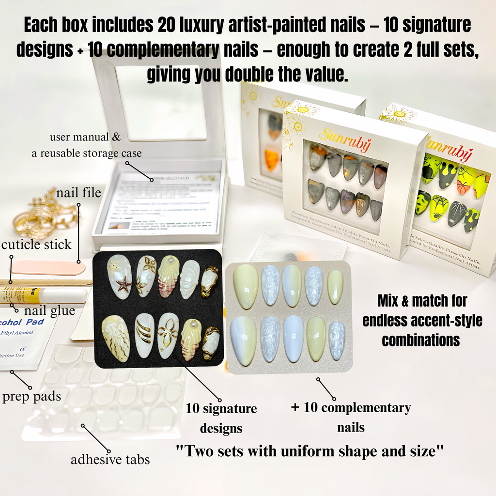 Hand-Painted Luxury GOLDEN REEF-Ocean Vibes Press On Nails | 3D Seashell | Medium Almond  | Reusable 20pcs Kit