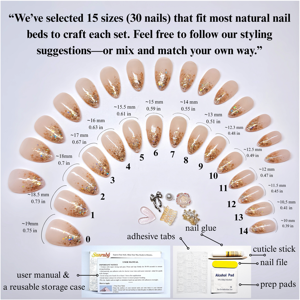 Nude Gold Ombre Press-On Nails, Short Almond – Hand-Painted Gel Reusable Set, 30 Nails, 15 Sizes, Perfect Gift