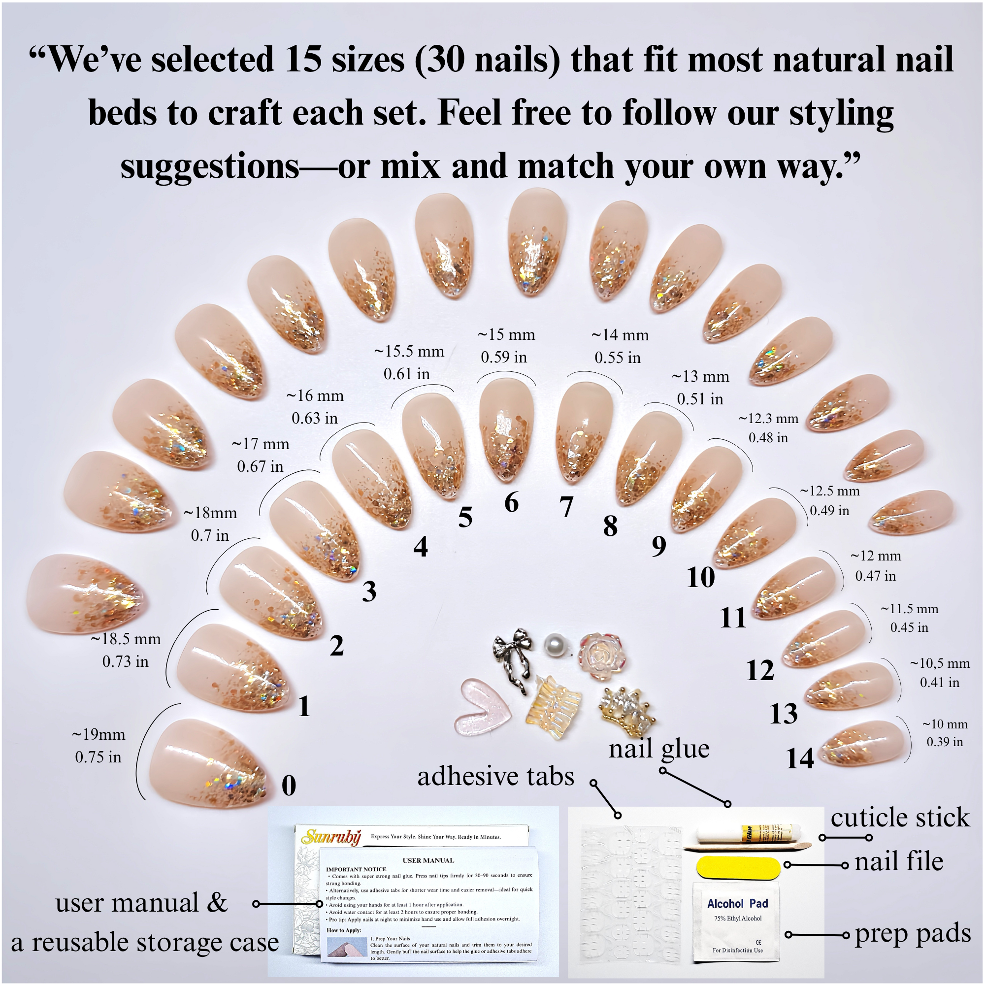 Nude Gold Ombre Press-On Nails, Short Almond – Hand-Painted Gel Reusable Set, 30 Nails, 15 Sizes, Perfect Gift
