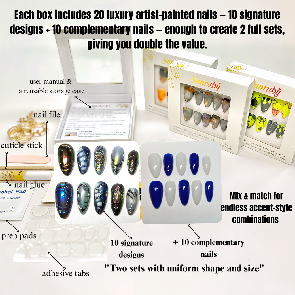 Handmade Luxury Press On Nails | Medium Almond Galaxy Blue Silver Nail Art | Nebula Chrome | Cosmic & Abstract nails | Reusable 20pcs Kit