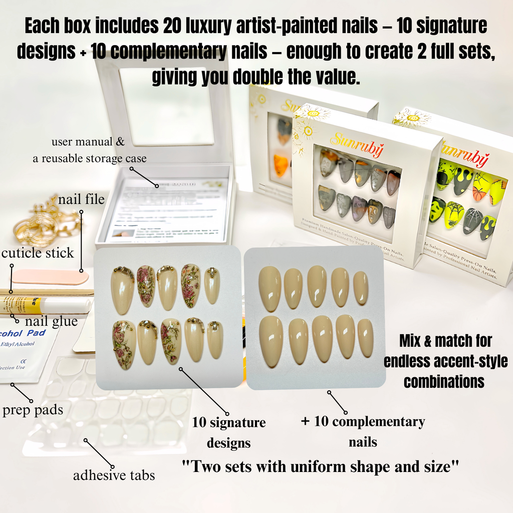 Champagne Gold Press On Nails | Medium Almond Floral 3D Nail Art, Elegant Handmade Reusable Nails | Reusable 20pcs Kit