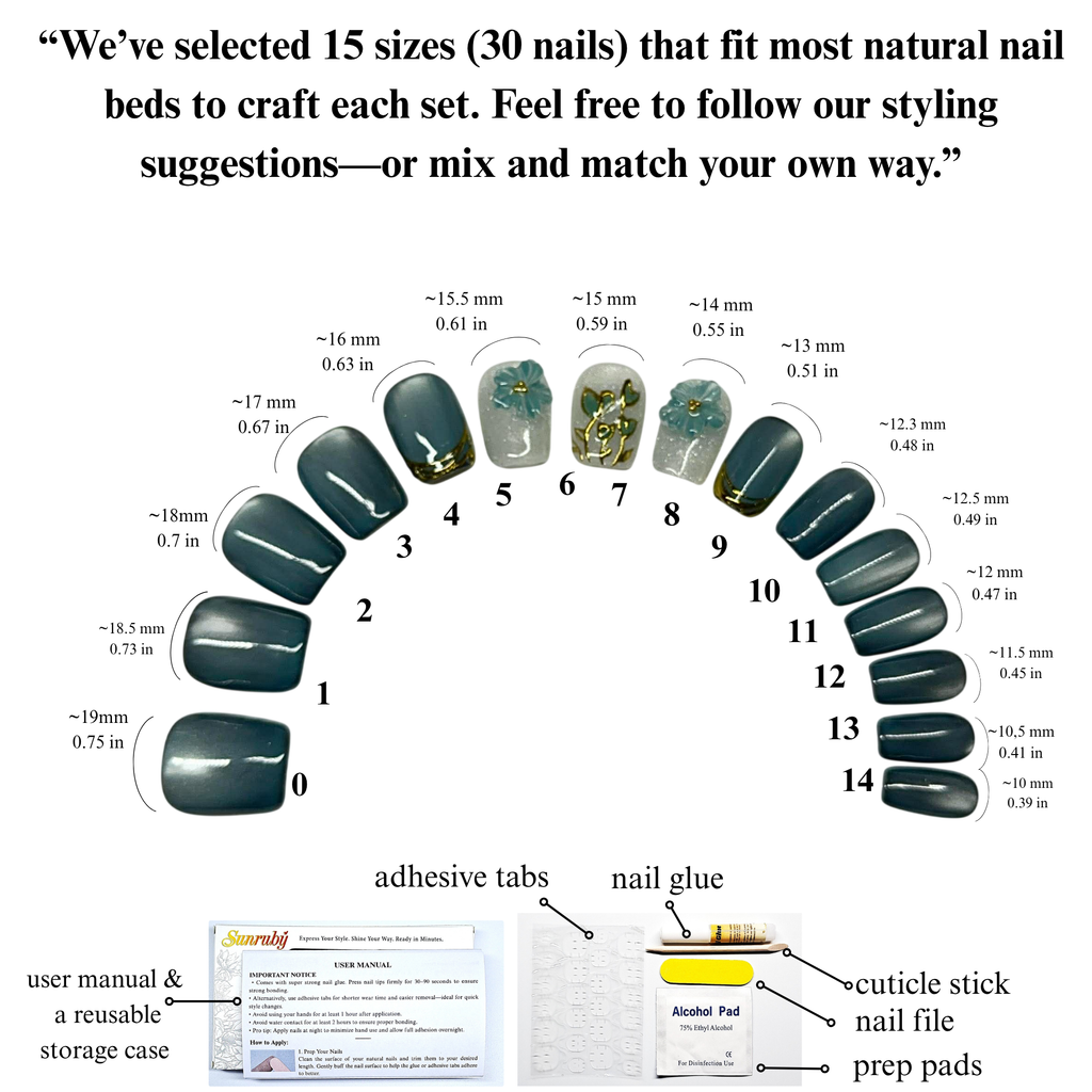 Teal Blossom Veil Press-On Nails – Short Square | Teal Chrome, Marble Accent & 3D Flower Design | Hand-Painted Gel Reusable Set, 30 Nails, 15 Sizes