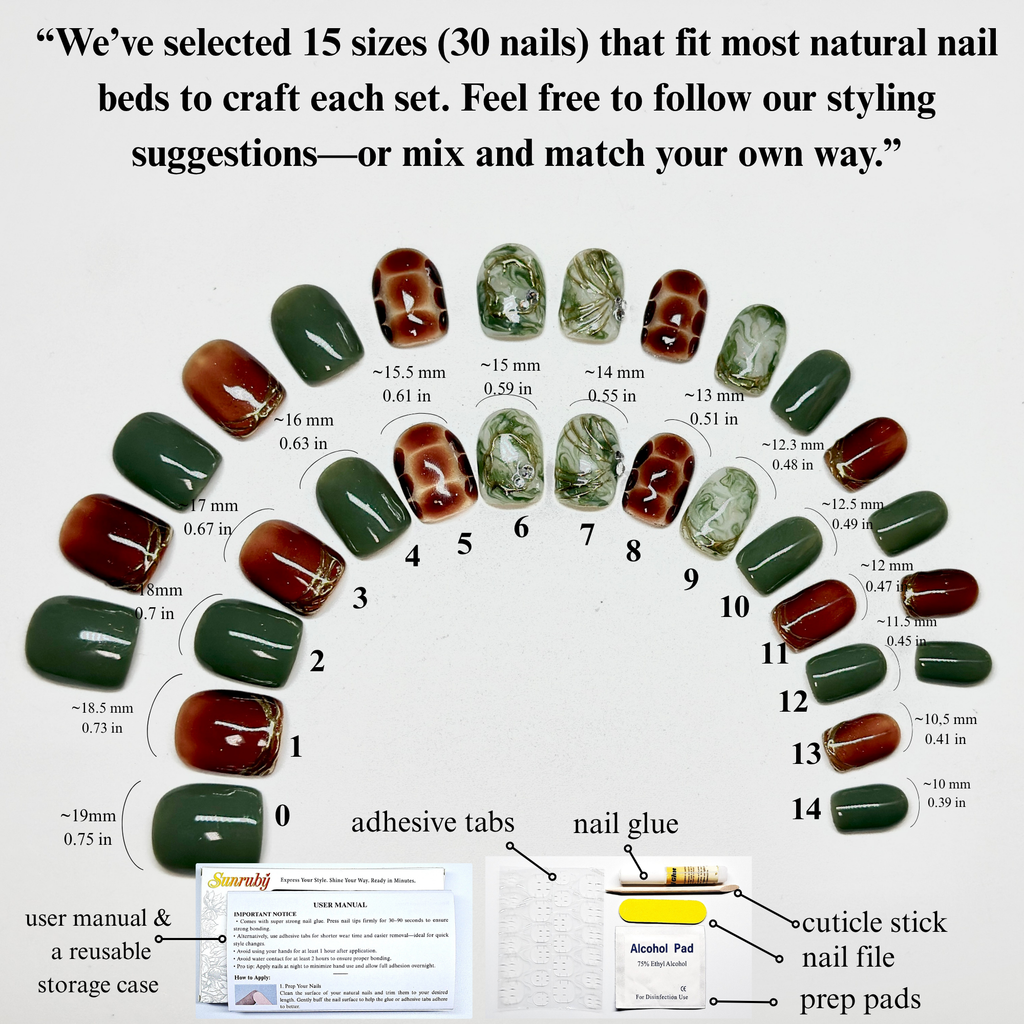 Verdant Relic Press-On Nails – Short Square | Green Marble, Tortoiseshell & Gold Accent | Hand-Painted Gel Reusable Set, 30 Nails, 15 Sizes