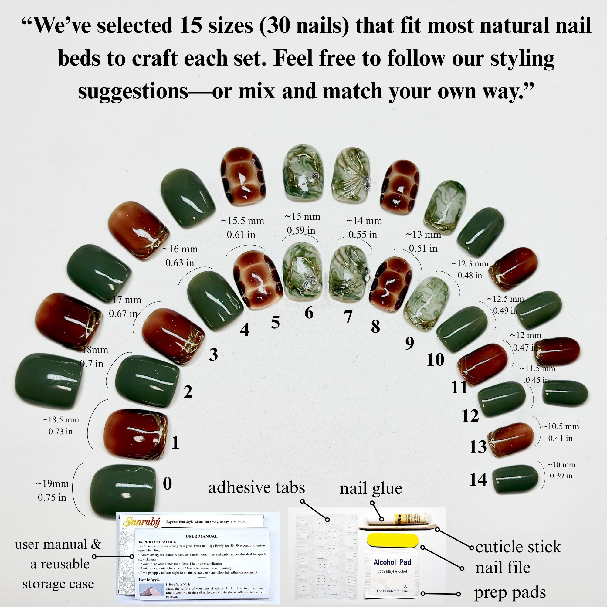 Verdant Relic Press-On Nails – Short Square | Green Marble, Tortoiseshell & Gold Accent | Hand-Painted Gel Reusable Set, 30 Nails, 15 Sizes