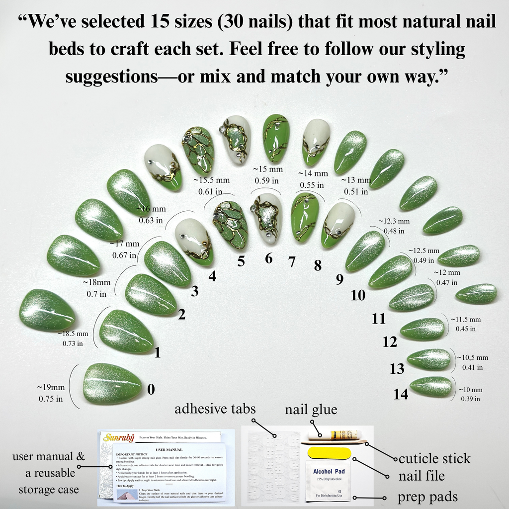 Jade Bloom Press-On Nails – Short Almond | Green Chrome, White French & Gold Foil Accent | Hand-Painted Gel Reusable Set, 30 Nails, 15 Sizes