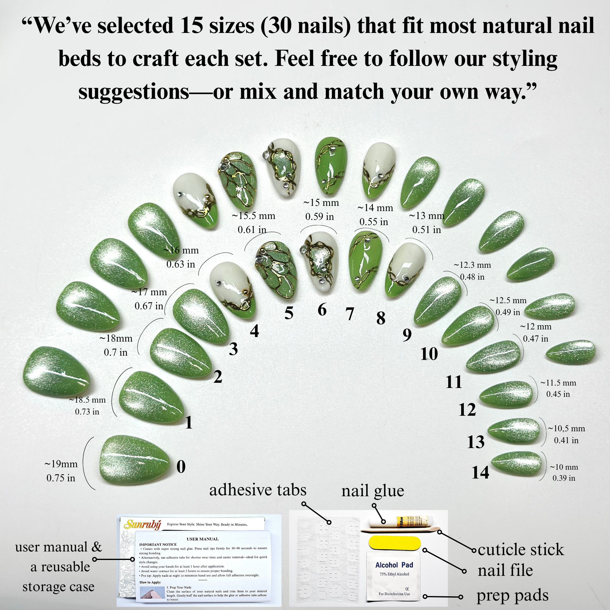 Jade Bloom Press-On Nails – Short Almond | Green Chrome, White French & Gold Foil Accent | Hand-Painted Gel Reusable Set, 30 Nails, 15 Sizes