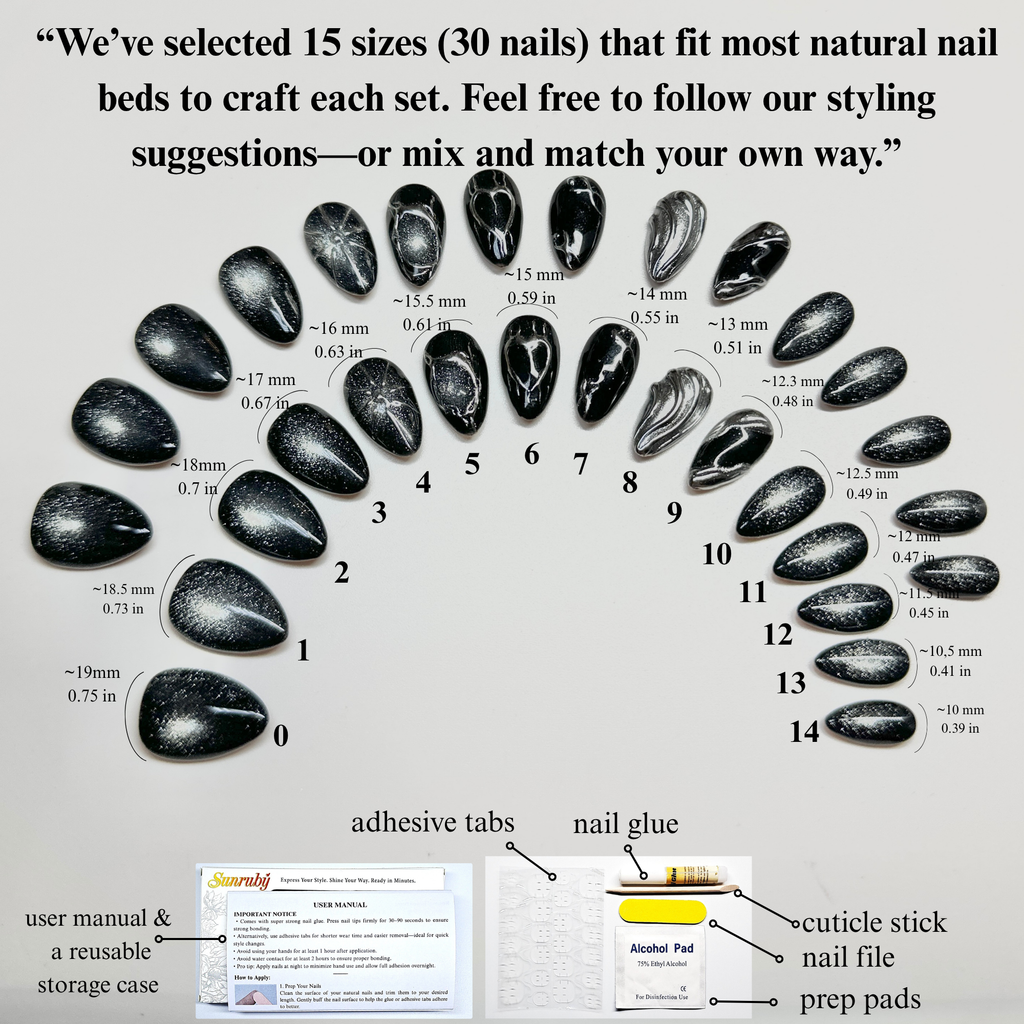 Black Stardust Press-On Nails – Short Almond | Glossy Black, Chrome Swirl & Galaxy Glitter| Hand-Painted Gel Reusable Set, 30 Nails, 15 Sizes