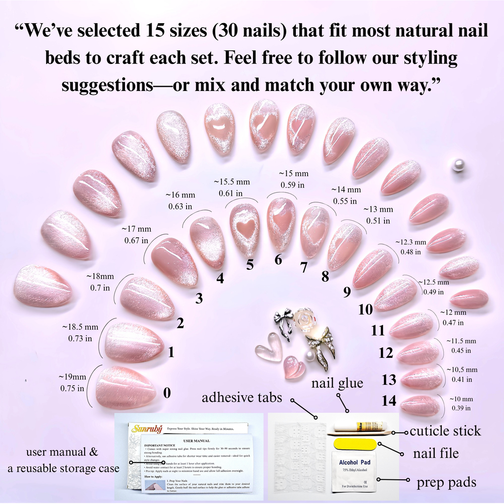 Pink Cat Eye Valentine Press On Nails, Short Almond – Heart Design, Hand-Painted Gel Reusable Set (30 Nails, 15 Sizes)