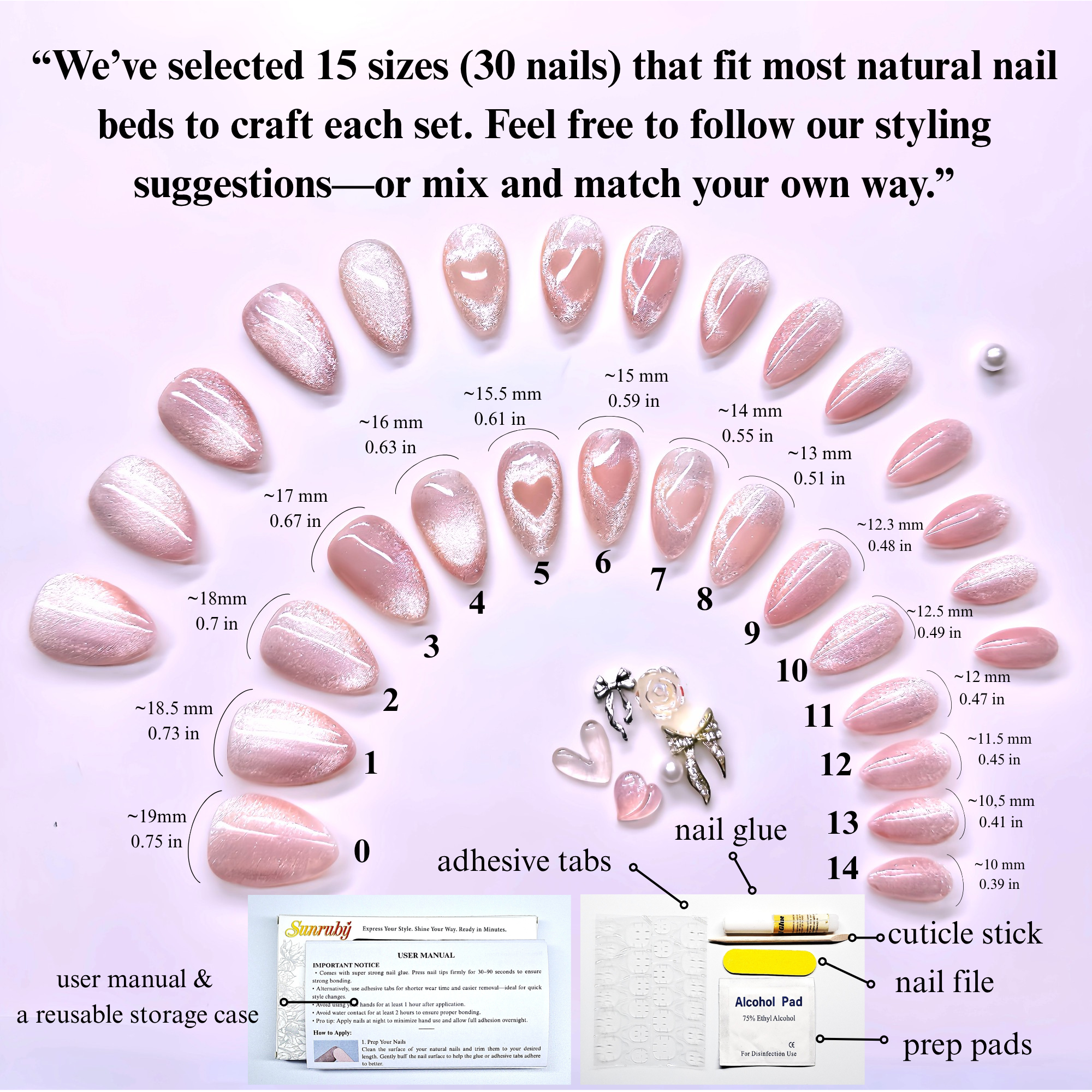 Pink Cat Eye Valentine Press On Nails, Short Almond – Heart Design, Hand-Painted Gel Reusable Set (30 Nails, 15 Sizes)
