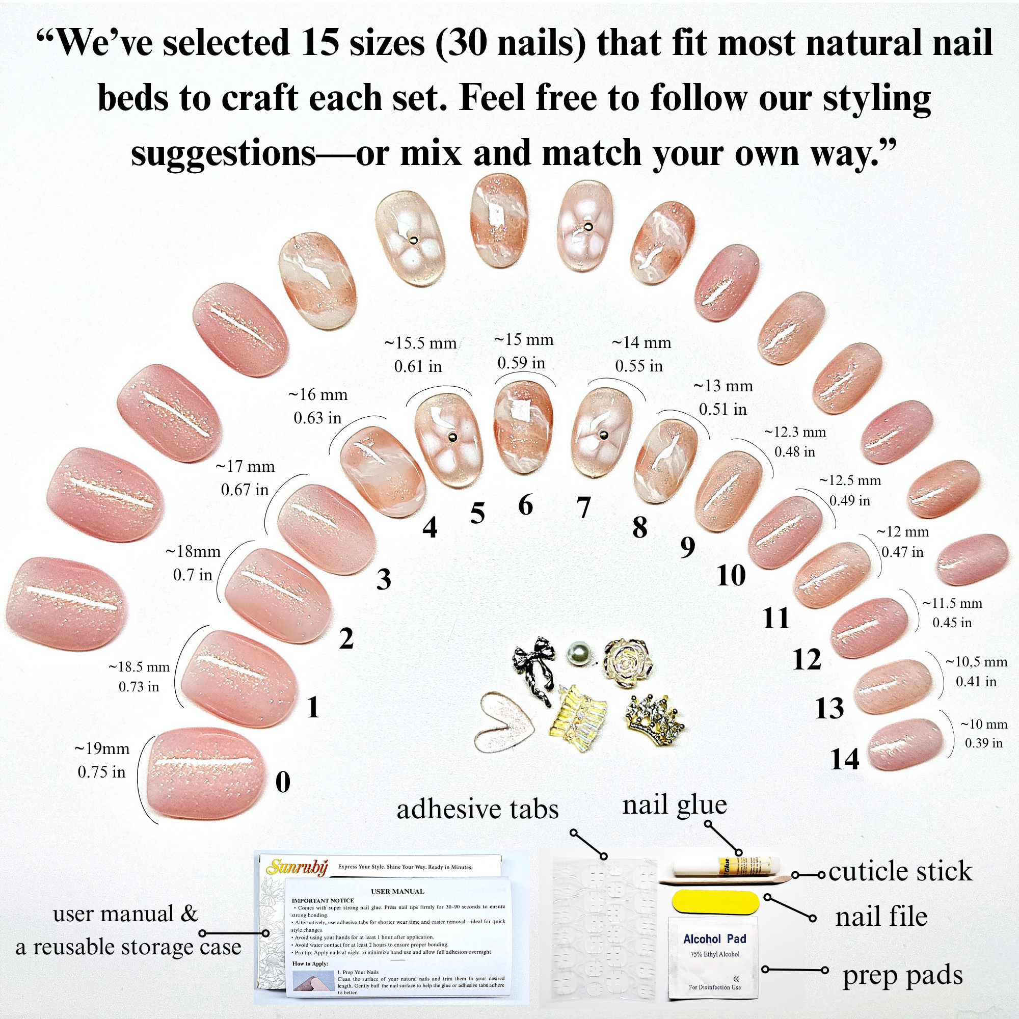 Short Oval Hand-Painted Press-On Nails | Pink Glitter with White Floral Design | Reusable 30pcs Kit, 15 Sizes