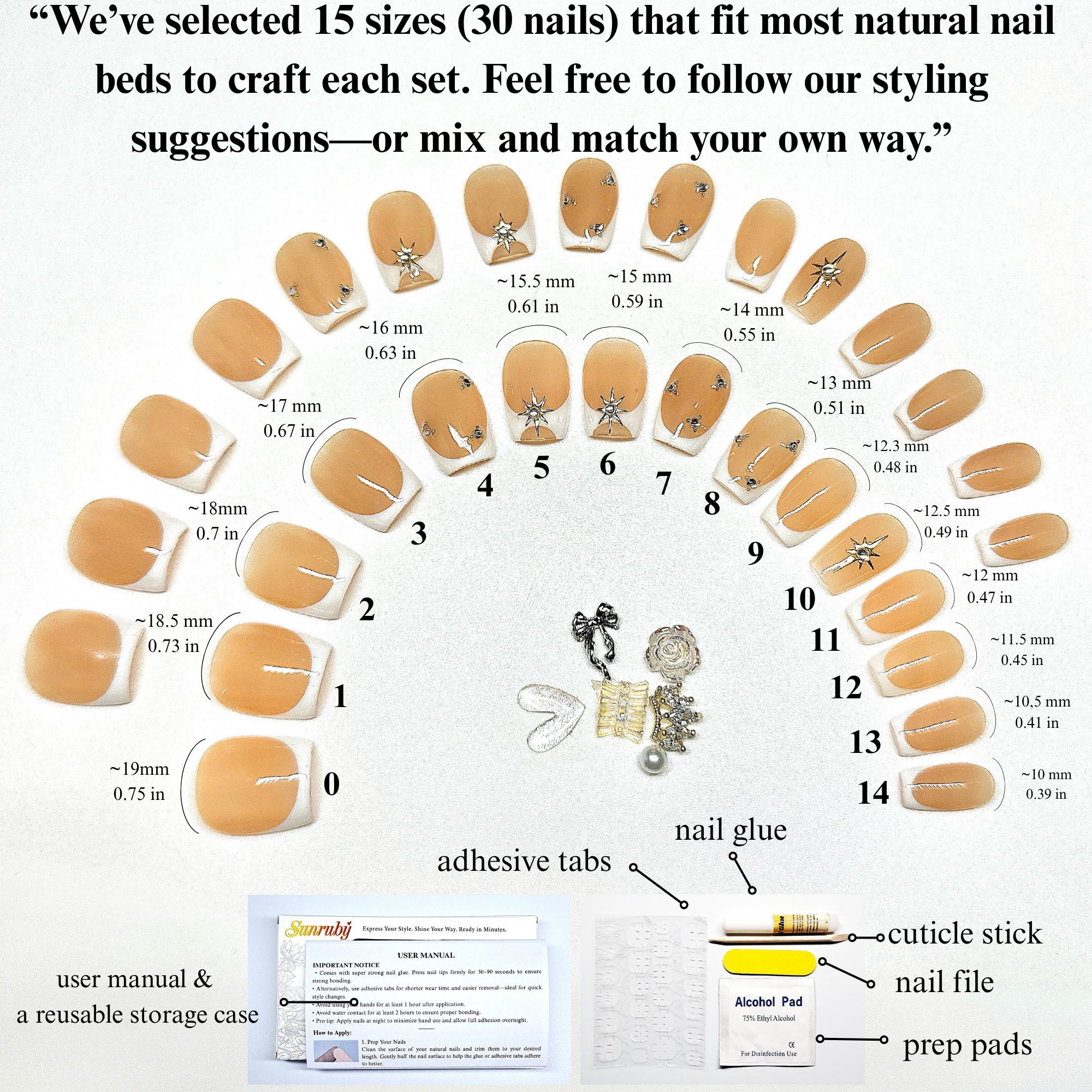 Short Square French Tip Press-On Nails | Rhinestone Shooting Star Accents | Hand-Painted | Reusable 30pcs Kit, 15 Sizes