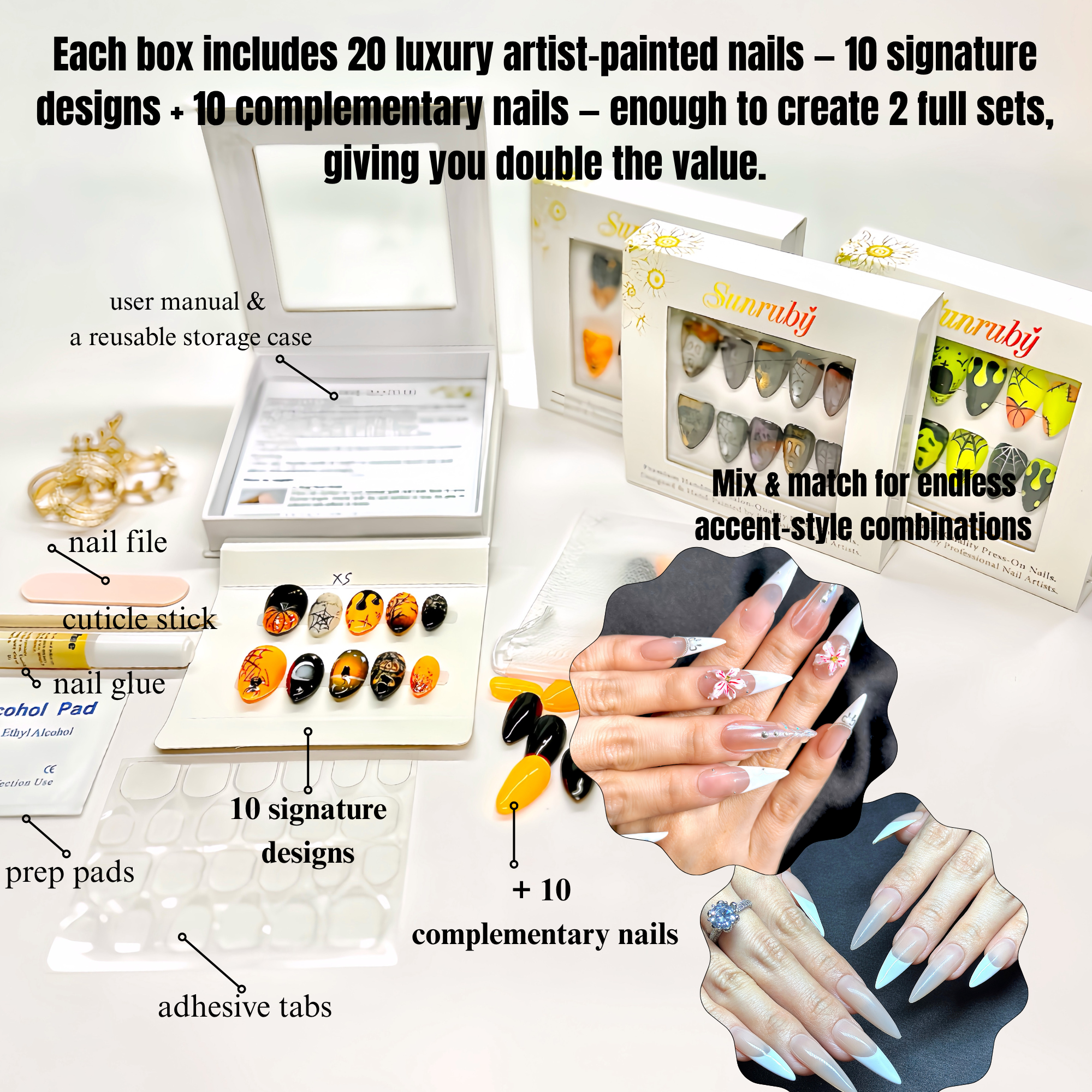 Long Stiletto Hand-Painted Press-On Nails | Luxury 3D Floral Pearl with Rhinestone French Tips | Reusable 20pcs Kit