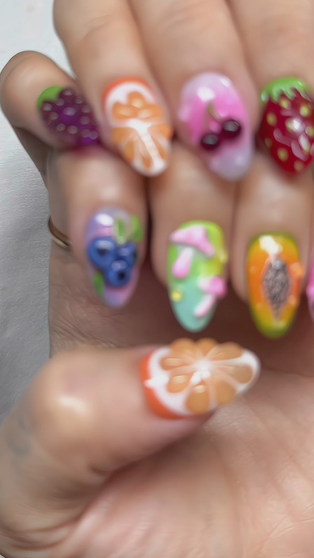 Short Almond Press-On Nails – Jelly Fruit Paradise | Handmade 3D Fruit Gel Set 🍒✨ |  Reusable 20pcs Kit
