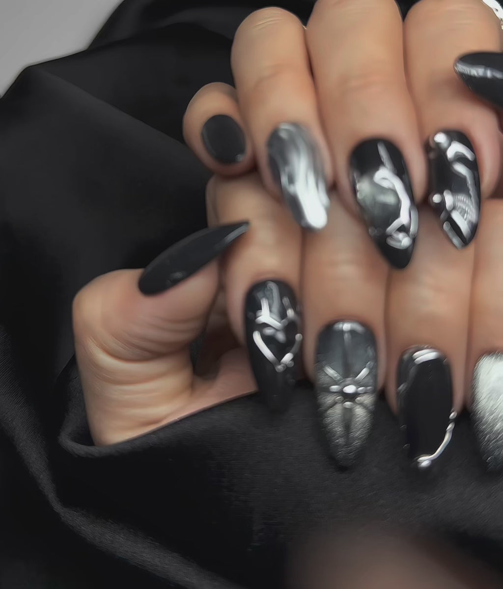 Black Stardust Press-On Nails – Short Almond | Glossy Black, Chrome Swirl & Galaxy Glitter| Hand-Painted Gel Reusable Set, 30 Nails, 15 Sizes