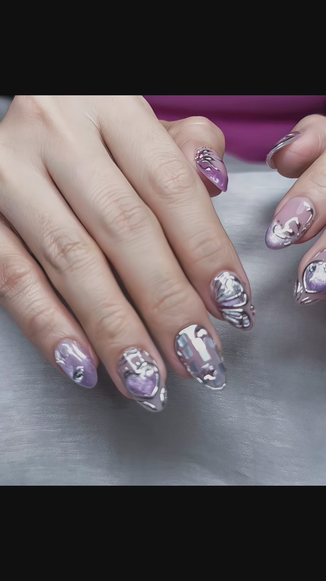 Crystal Love Butterfly Press-On Nails – Short Almond Chrome Pink Set, 3D Butterfly & Heart Design, Glitter Rhinestone Y2K Aesthetic Nails | Hand-Painted, Reusable 20pcs Kit