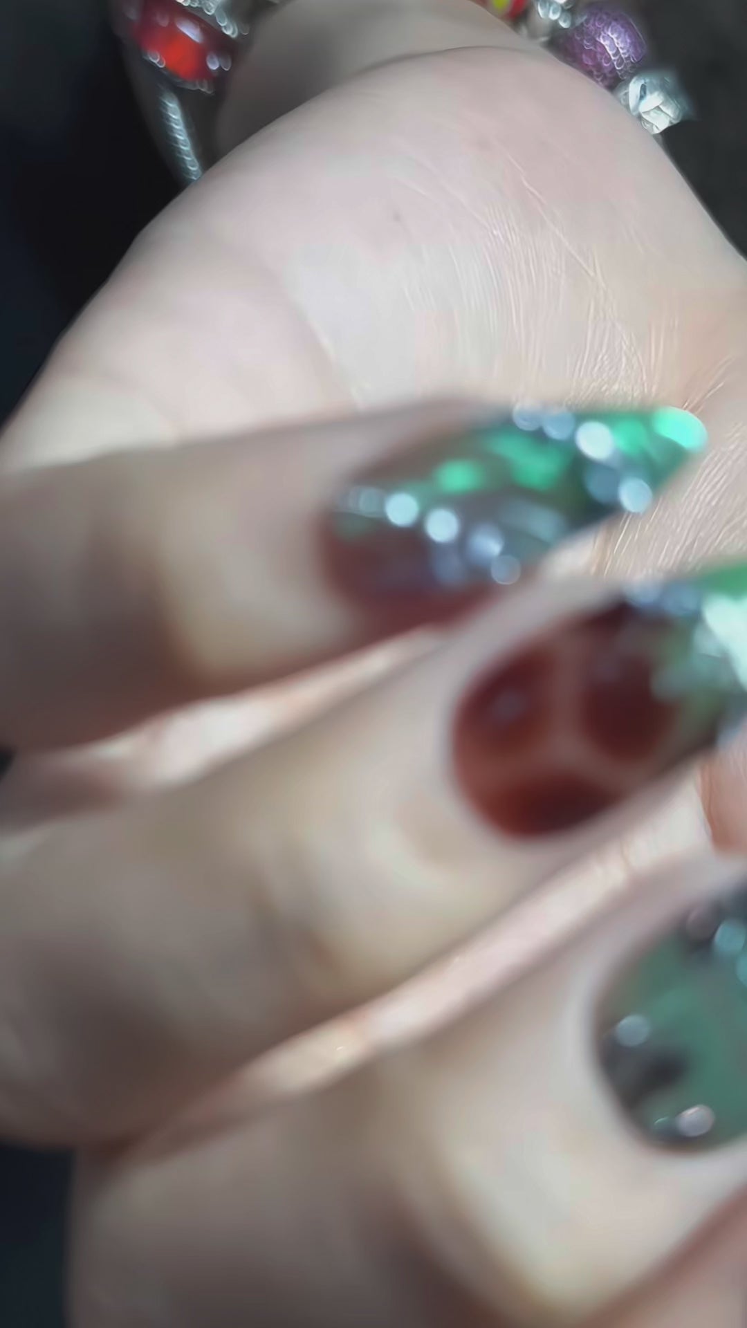 Medium Almond Hand-Painted Press-On Nails | Luxury Emerald Green Marble with 3D Rhinestones and Chrome | Reusable 20pcs Kit