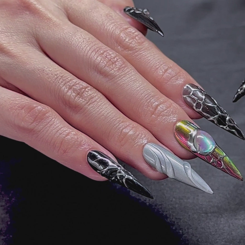 Black Stiletto Hand-Painted Press-On Nails | Y2K Silver Chrome with 3D Gemstone Nail Art | Reusable 20pcs Kit