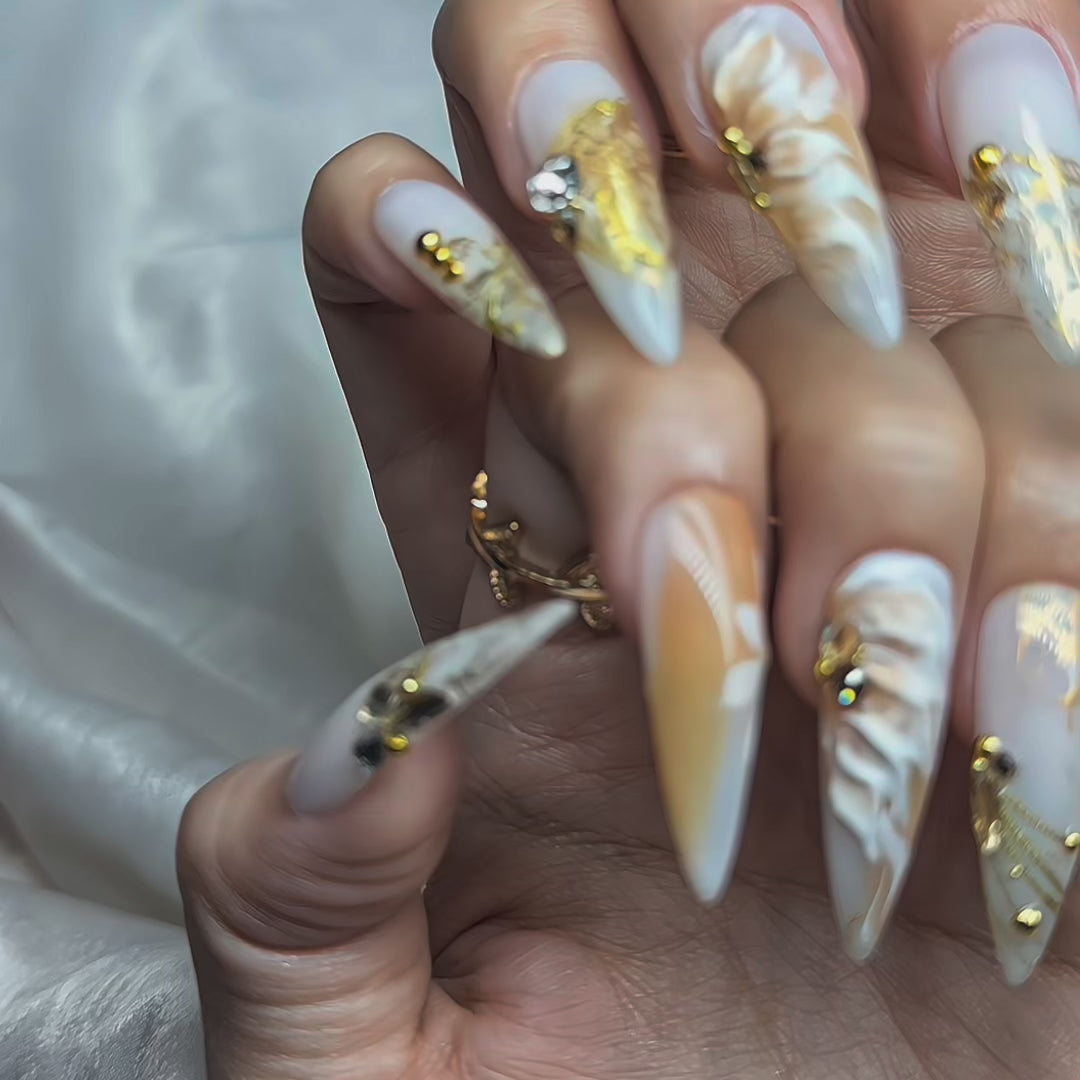 Long Stiletto Press On Nails | Luxury Ivory & Gold 3D Floral Nail Art | Handmade Bridal Press On Nails | Elegant nails | Reusable 20pcs Kit