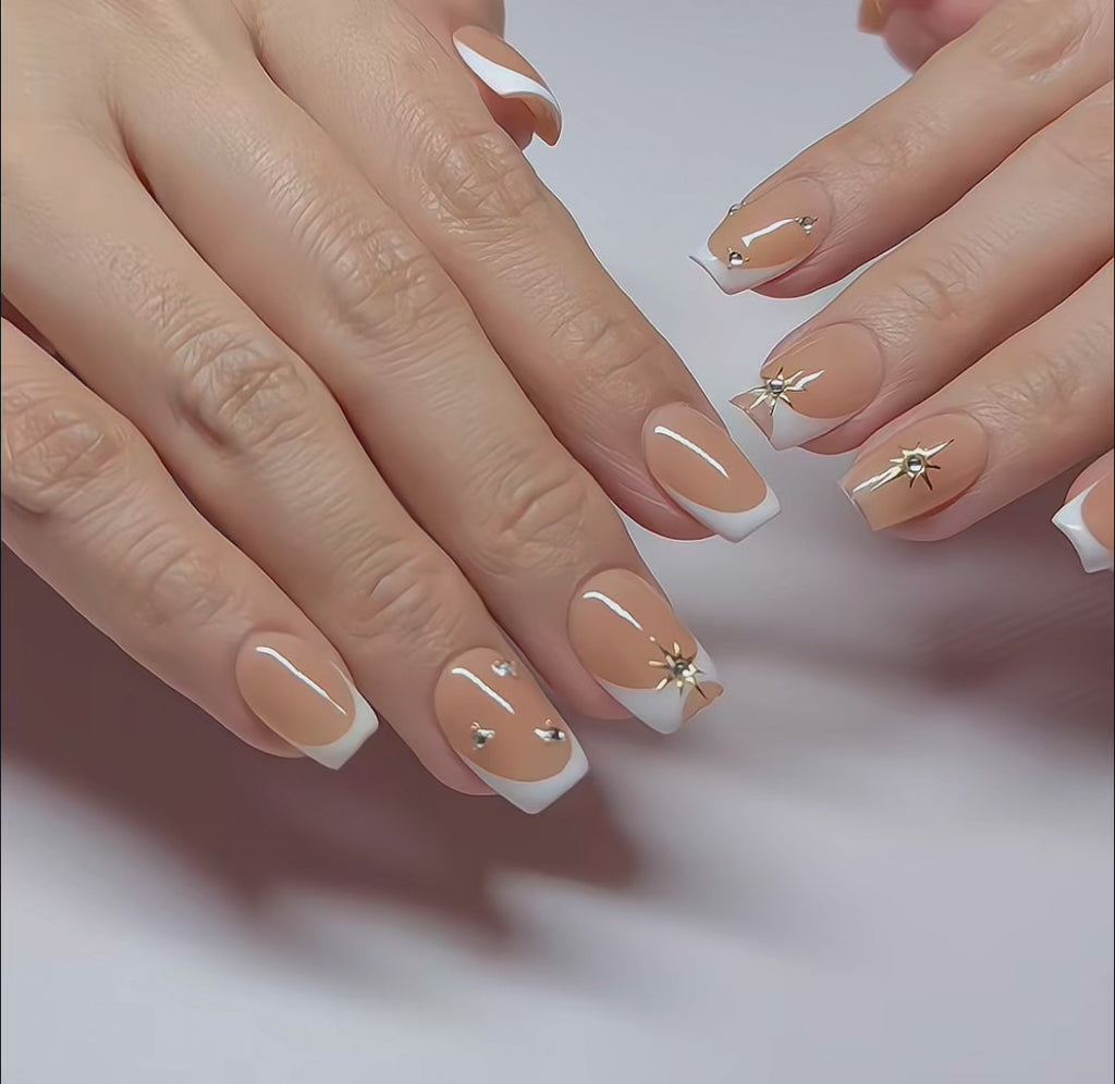 Short Square French Tip Press-On Nails | Rhinestone Shooting Star Accents | Hand-Painted | Reusable 30pcs Kit, 15 Sizes