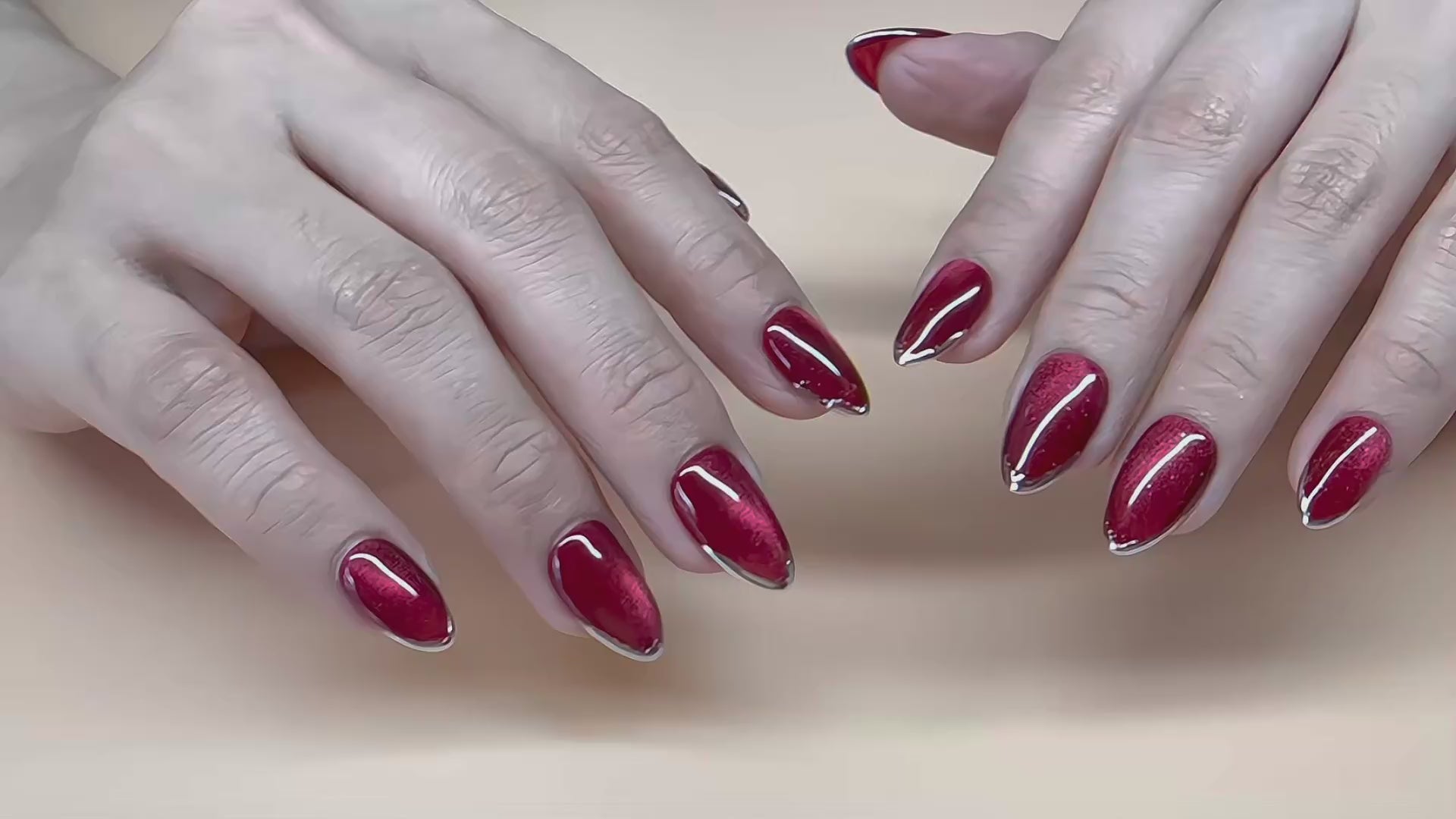 Short Almond Hand-Painted Press-On Nails | Dark Red Glitter Cat Eye with Silver French Tip | Reusable 30pcs Kit, 15 Sizes