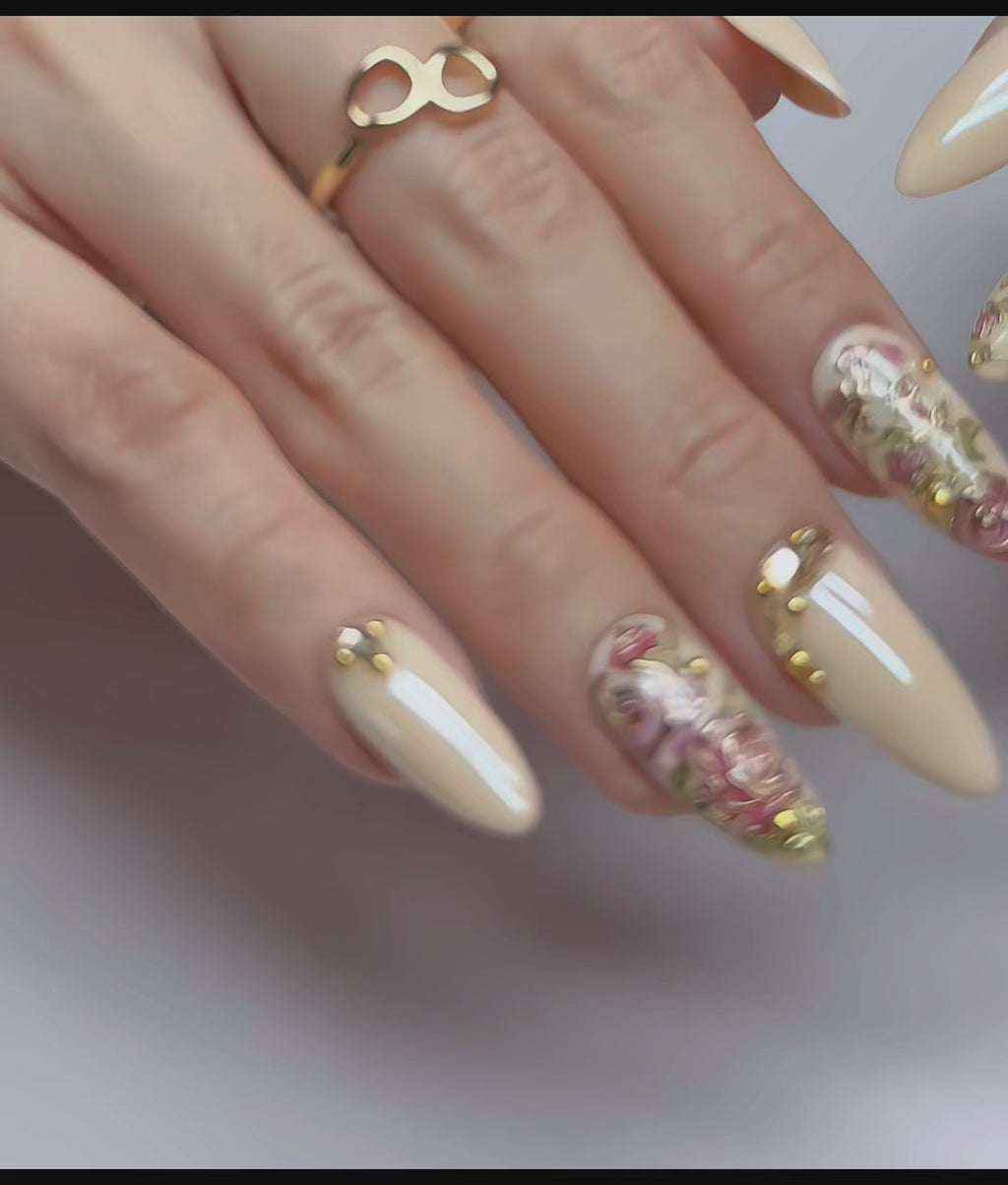 Champagne Gold Press On Nails | Medium Almond Floral 3D Nail Art, Elegant Handmade Reusable Nails | Reusable 20pcs Kit