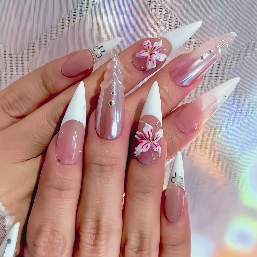 Long Stiletto Hand-Painted Press-On Nails | Luxury 3D Floral Pearl with Rhinestone French Tips | Reusable 20pcs Kit