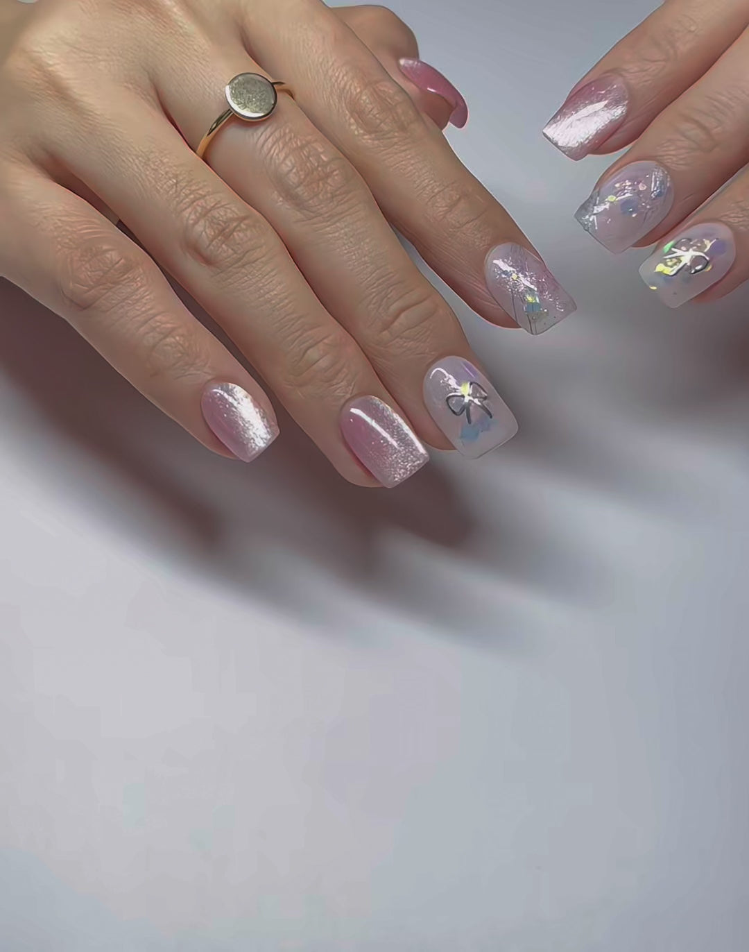 Short Square Hand-Painted Press-On Nails | Pink Cat Eye Glitter with Bow Accent | Reusable 30pcs Kit, 15 Sizes