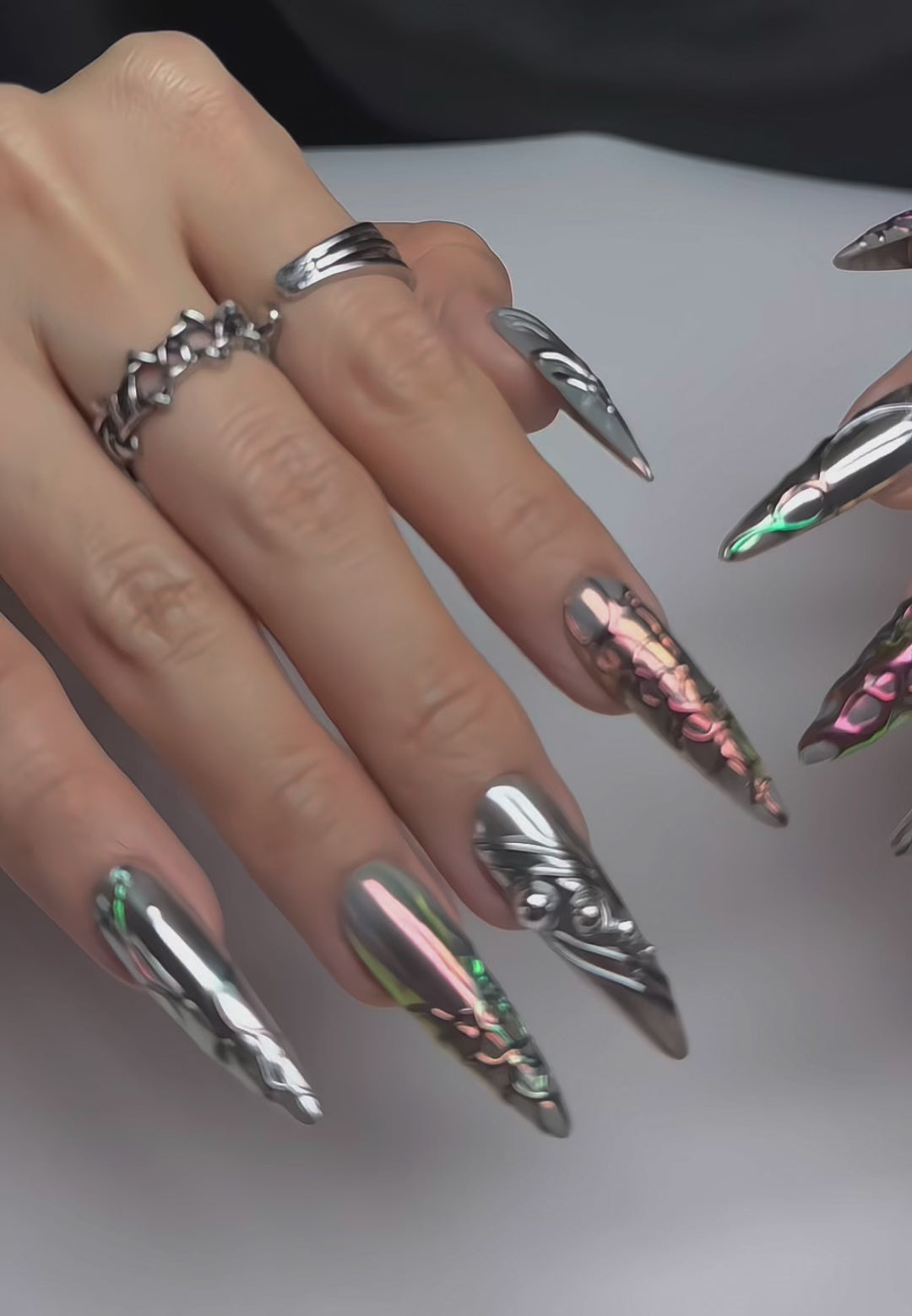 Long Stiletto Press On Nails | Dark Chrome 3D Sculpted Nail Art | Luxury Handmade Reusable Nails |Statement Gothic Nails |Reusable 20pcs Kit
