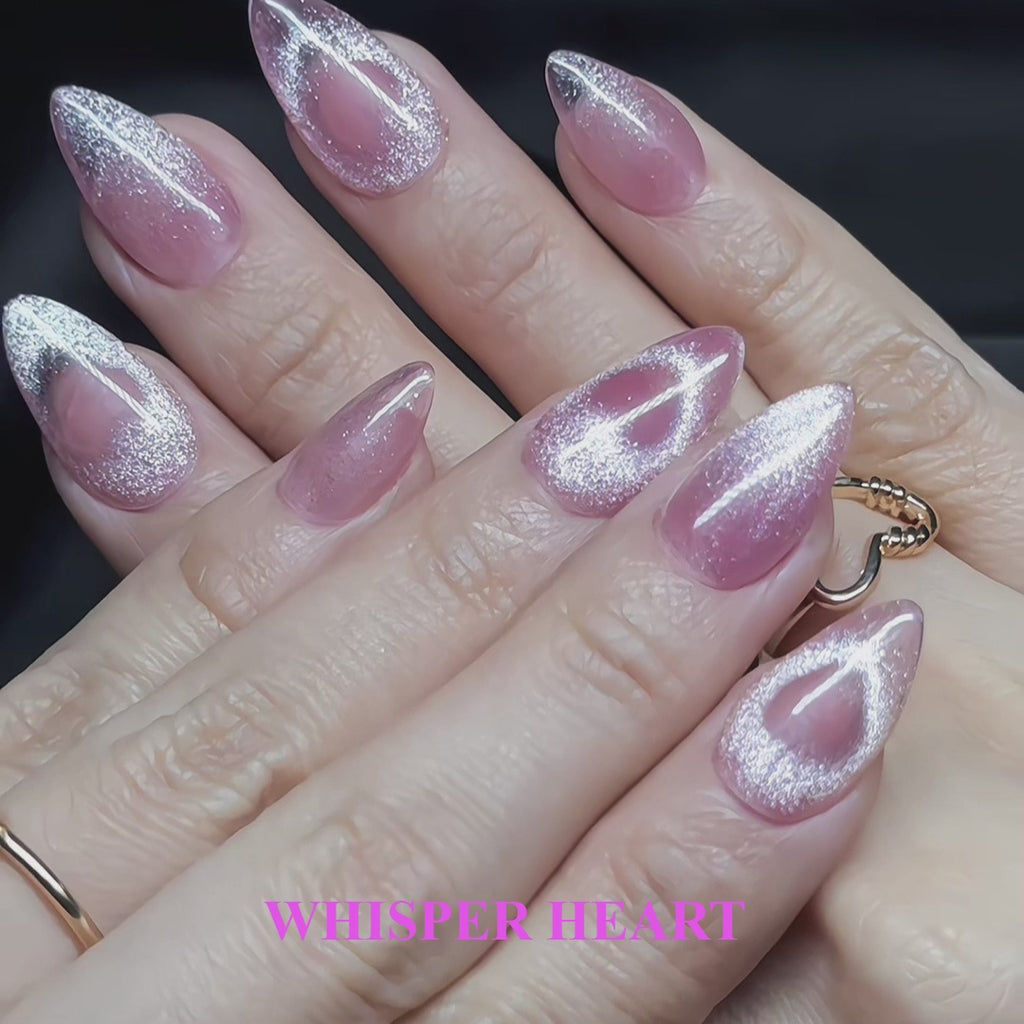 Pink Cat Eye Valentine Press On Nails, Short Almond – Heart Design, Hand-Painted Gel Reusable Set (30 Nails, 15 Sizes)