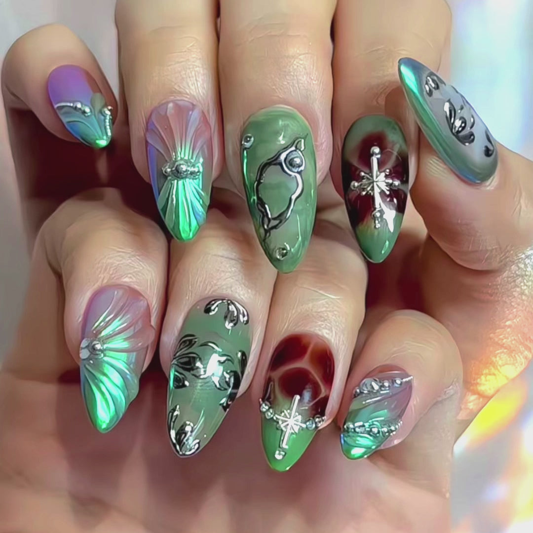 Medium Almond Hand-Painted Press-On Nails | Luxury Emerald Green Marble with 3D Rhinestones and Chrome | Reusable 20pcs Kit