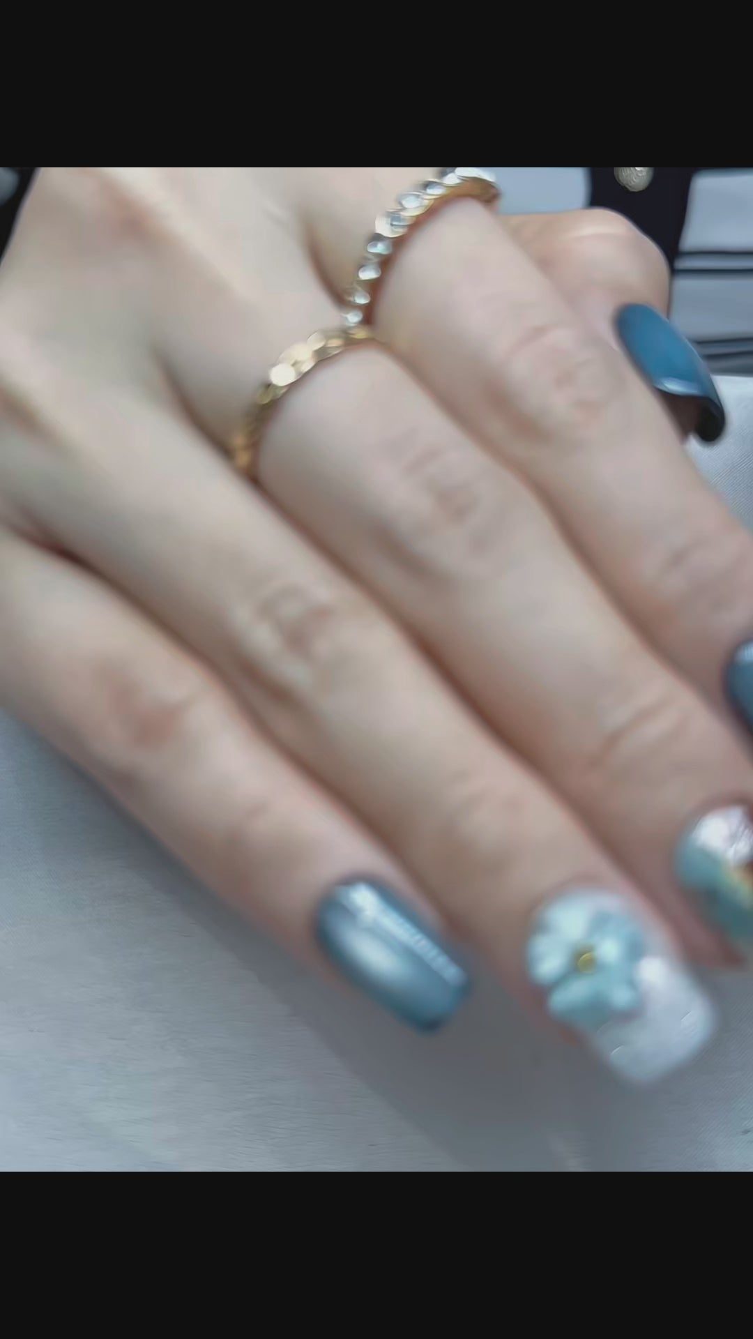 Teal Blossom Veil Press-On Nails – Short Square | Teal Chrome, Marble Accent & 3D Flower Design | Hand-Painted Gel Reusable Set, 30 Nails, 15 Sizes