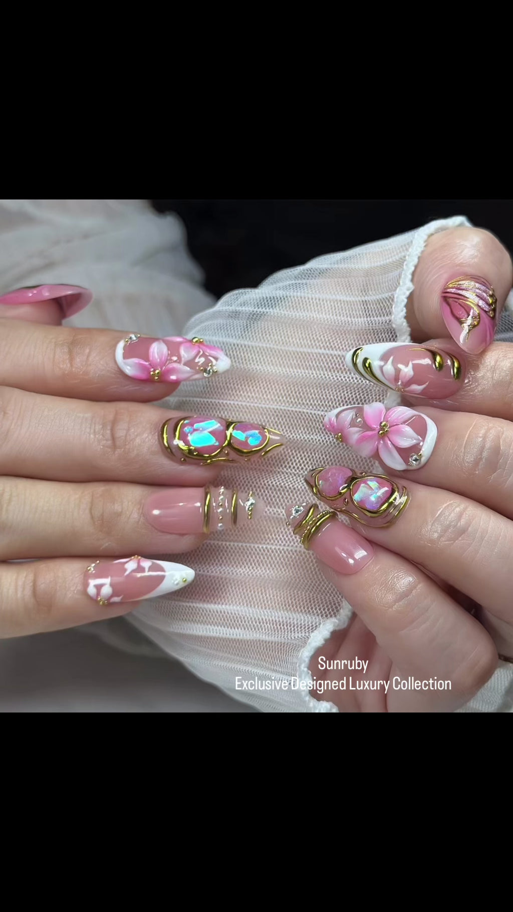 Opal Blush Wings – Medium Almond Press-On Nails 💖✨ | 3D Floral, Opal Chrome & Gold Detail |  Reusable 20pcs Kit