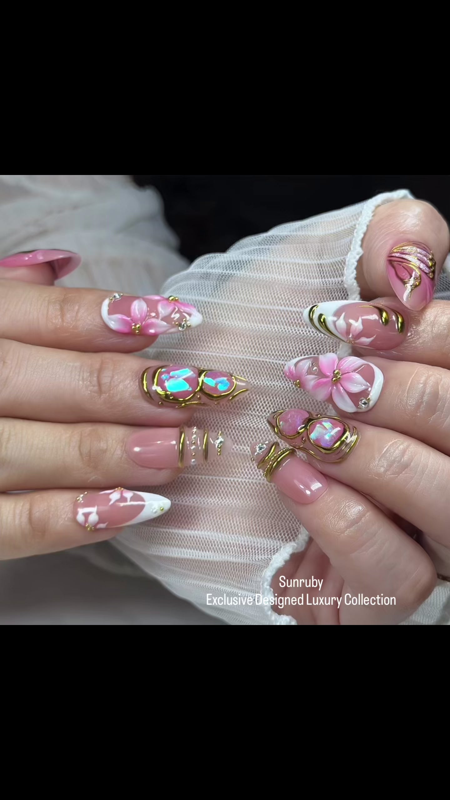Opal Blush Wings – Medium Almond Press-On Nails 💖✨ | 3D Floral, Opal Chrome & Gold Detail |  Reusable 20pcs Kit