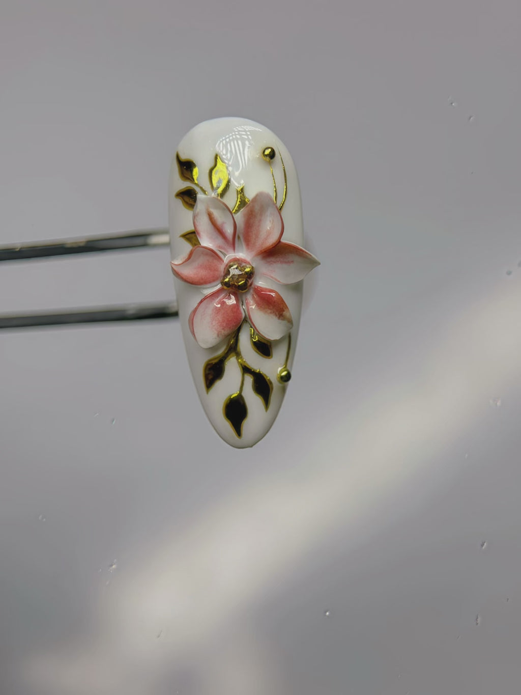 Blush Sakura Veil Press-On Nails –  Almond Nude Pink Set, 3D Cherry Blossom Floral Design, Gold Line Art Elegant Nails| Hand-Painted, Reusable 20pcs Kit