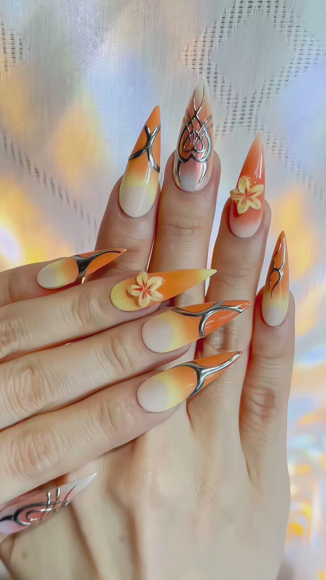 Long Stiletto Hand-Painted Press-On Nails | Luxury Tropical Sunset Ombre with 3D Floral Design | Reusable 20pcs Kit