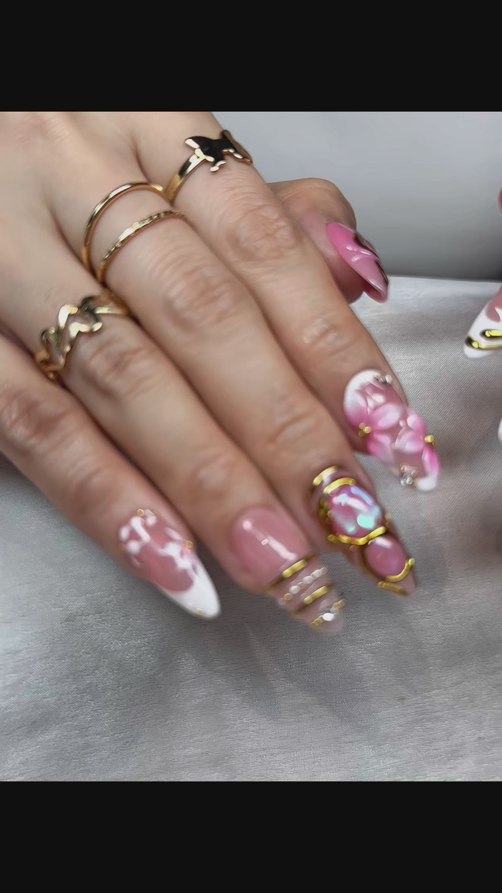 Opal Blush Wings – Medium Almond Press-On Nails 💖✨ | 3D Floral, Opal Chrome & Gold Detail |  Reusable 20pcs Kit