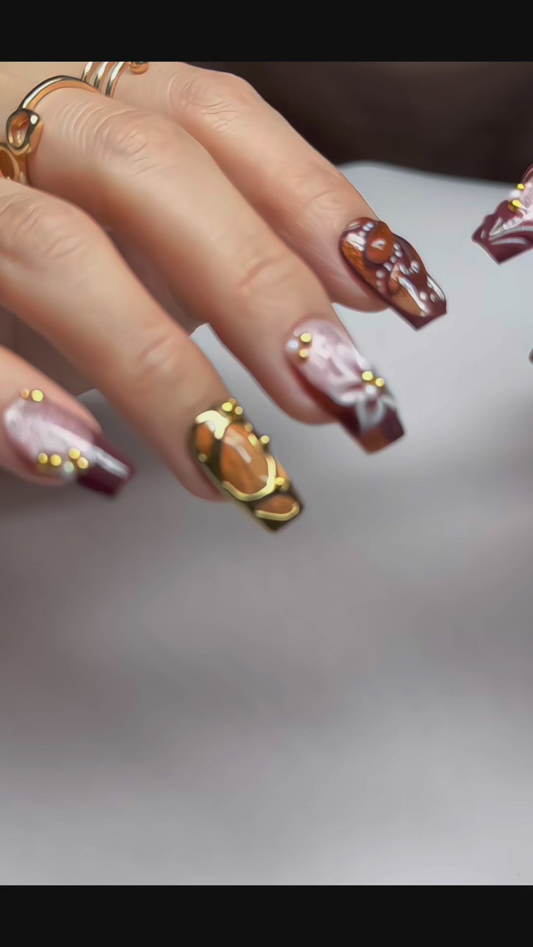 Medium Coffin Press On Nails – Burgundy Gold Floral 3D Nail Art, Luxury Handmade Nails | Chrome | Flower & Glam nails | Reusable 20pcs Kit