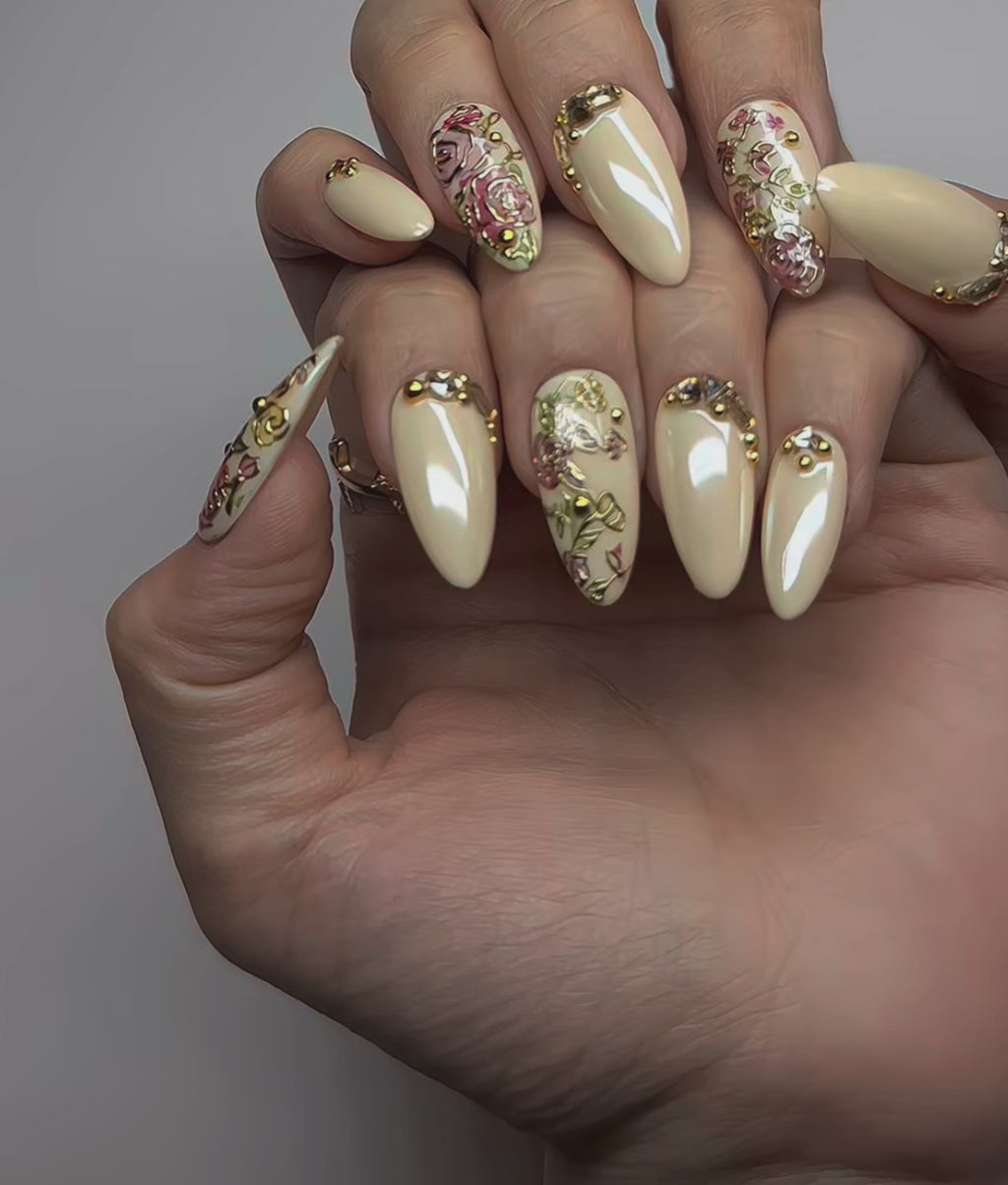 Champagne Gold Press On Nails | Medium Almond Floral 3D Nail Art, Elegant Handmade Reusable Nails | Reusable 20pcs Kit