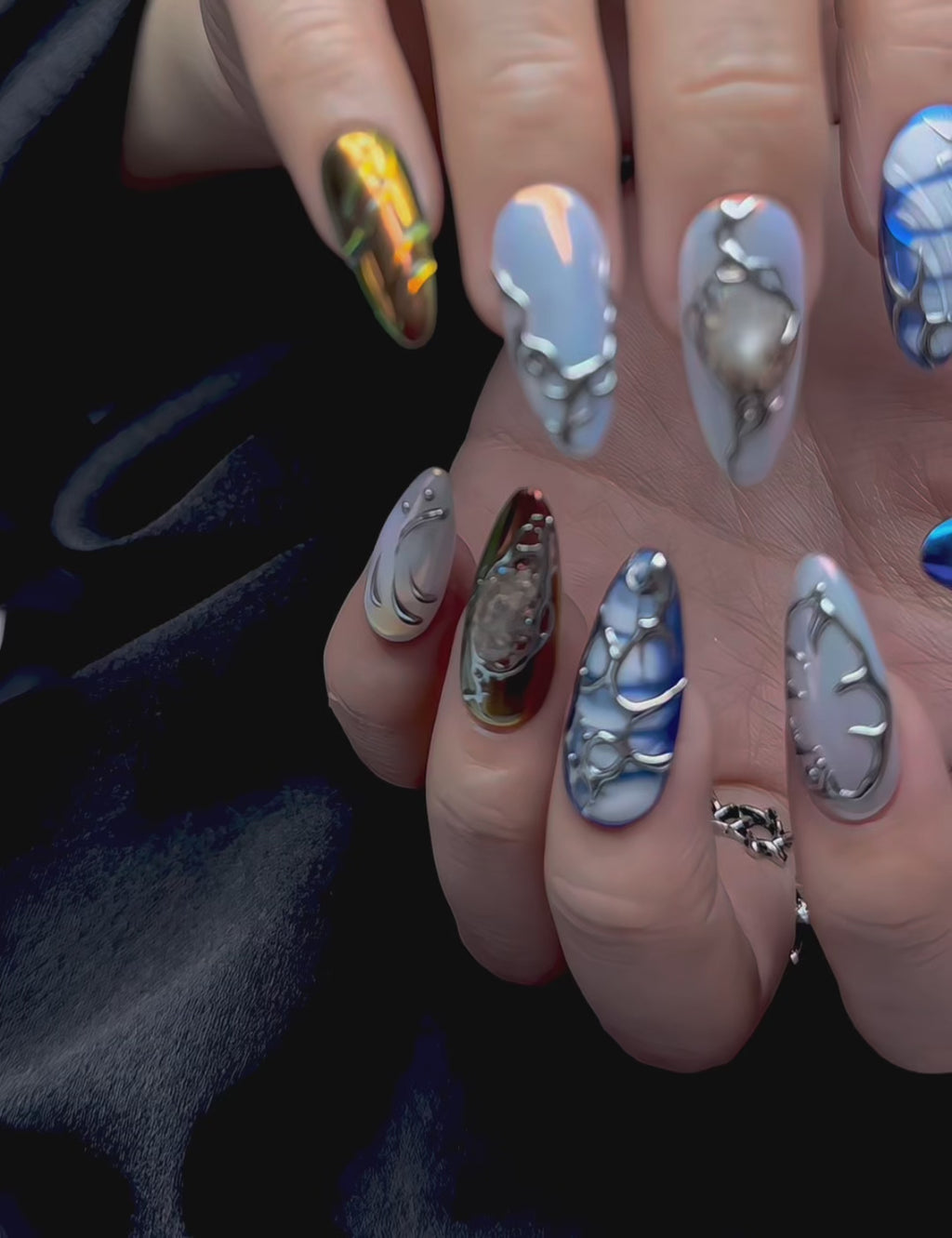 Handmade Luxury Press On Nails | Medium Almond Galaxy Blue Silver Nail Art | Nebula Chrome | Cosmic & Abstract nails | Reusable 20pcs Kit
