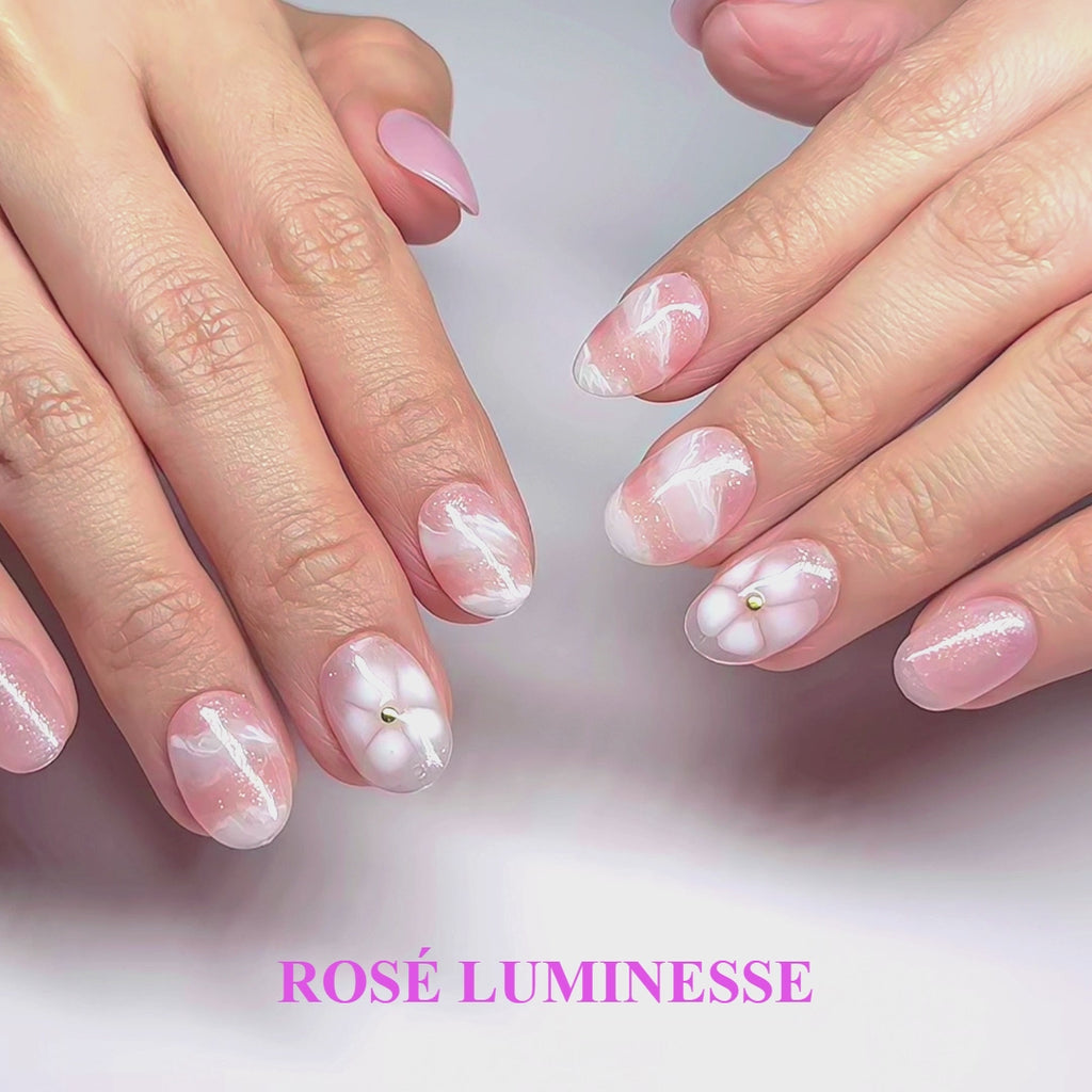 Short Oval Hand-Painted Press-On Nails | Pink Glitter with White Floral Design | Reusable 30pcs Kit, 15 Sizes