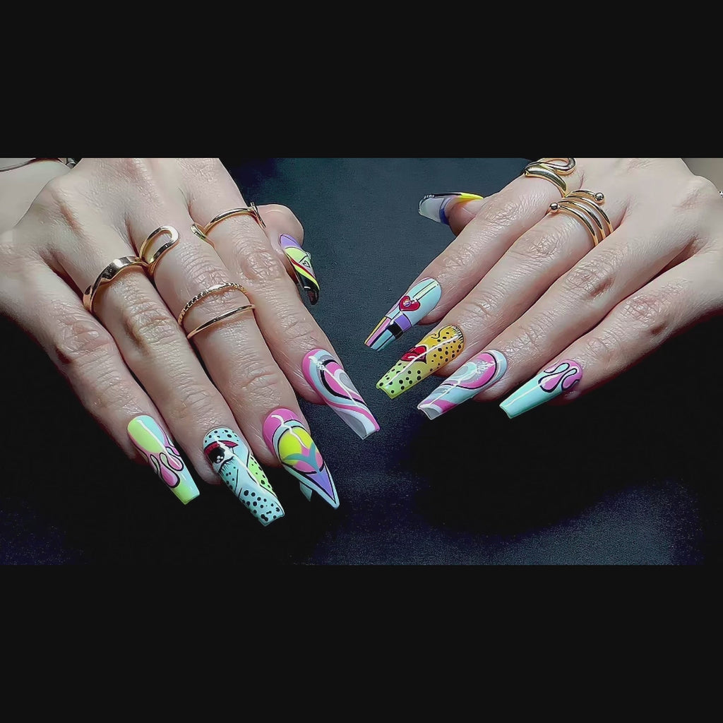 Long Coffin Hand-Painted Press-On Nails | Luxury Pastel Pop-Art Design | Reusable 20pcs Kit