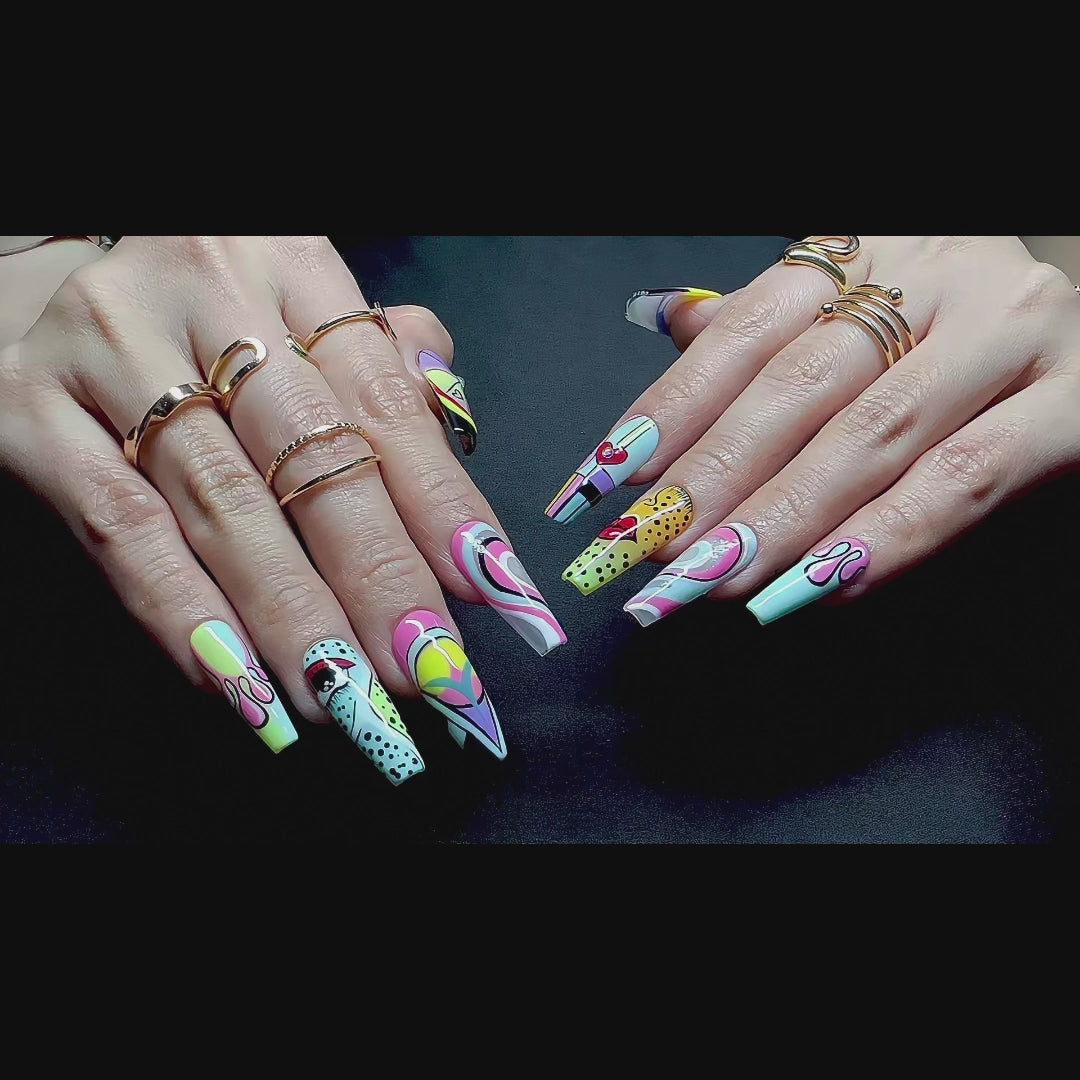 Long Coffin Hand-Painted Press-On Nails | Luxury Pastel Pop-Art Design | Reusable 20pcs Kit