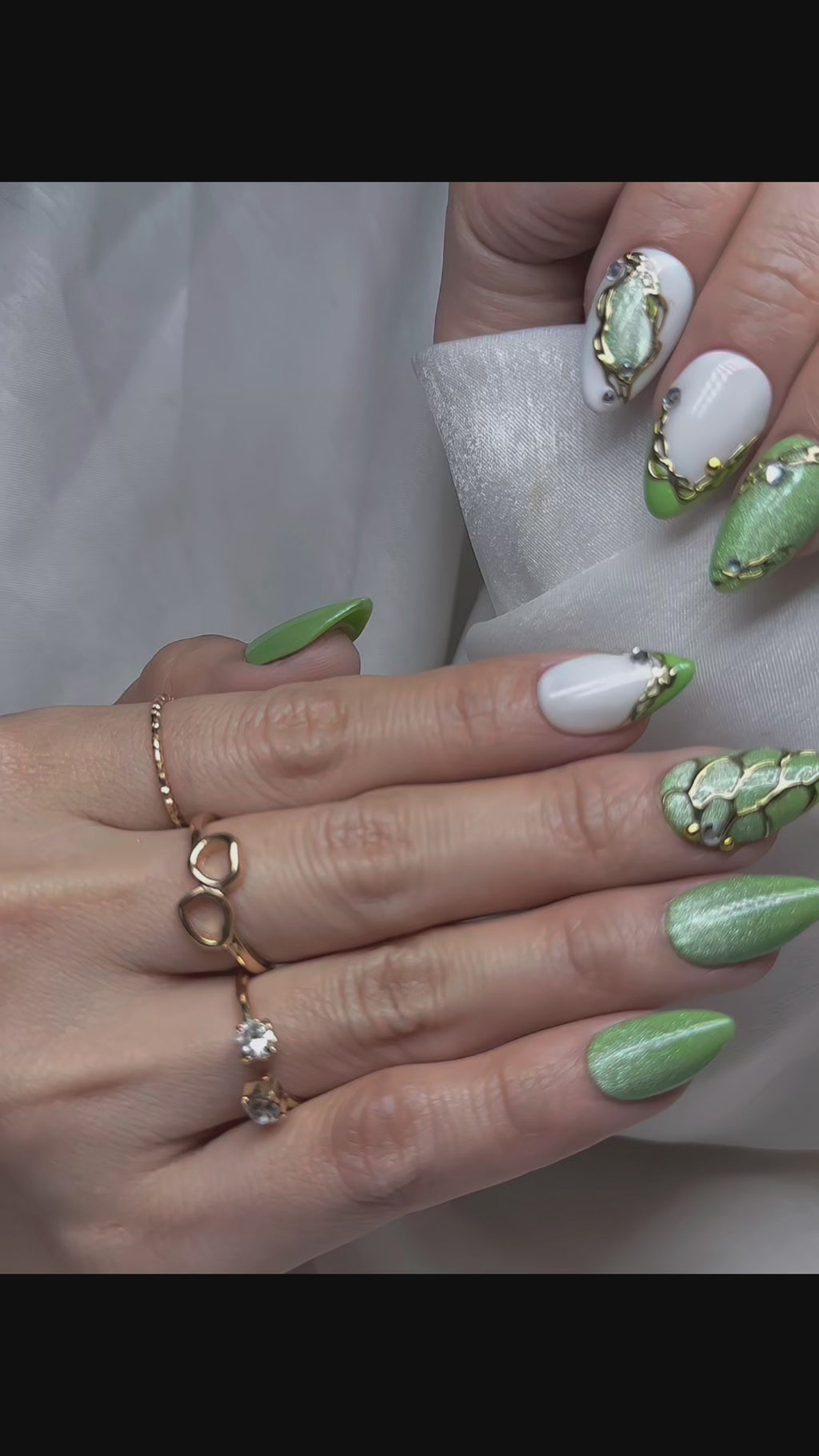 Jade Bloom Press-On Nails – Short Almond | Green Chrome, White French & Gold Foil Accent | Hand-Painted Gel Reusable Set, 30 Nails, 15 Sizes