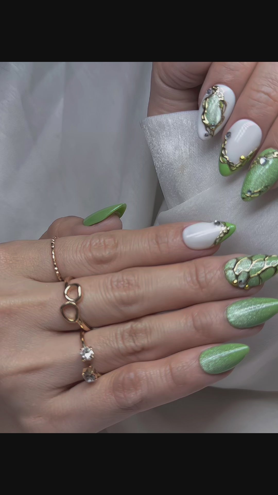 Jade Bloom Press-On Nails – Short Almond | Green Chrome, White French & Gold Foil Accent | Hand-Painted Gel Reusable Set, 30 Nails, 15 Sizes