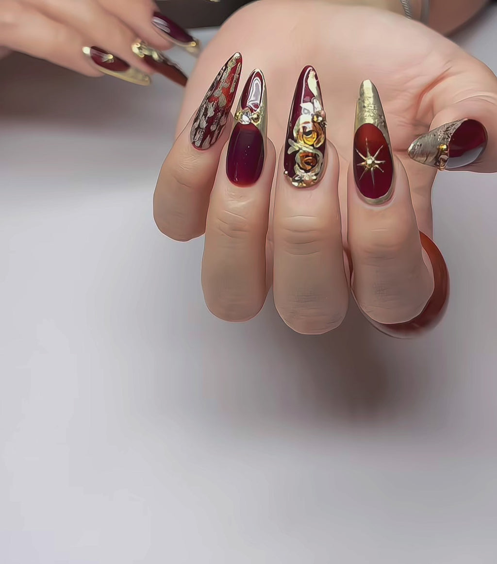 Long Stiletto Press On Nails – Burgundy Gold Luxury Nail Art, Handmade 3D Crystal Royal Nails, Reusable Statement Nails | Reusable 20pcs Kit