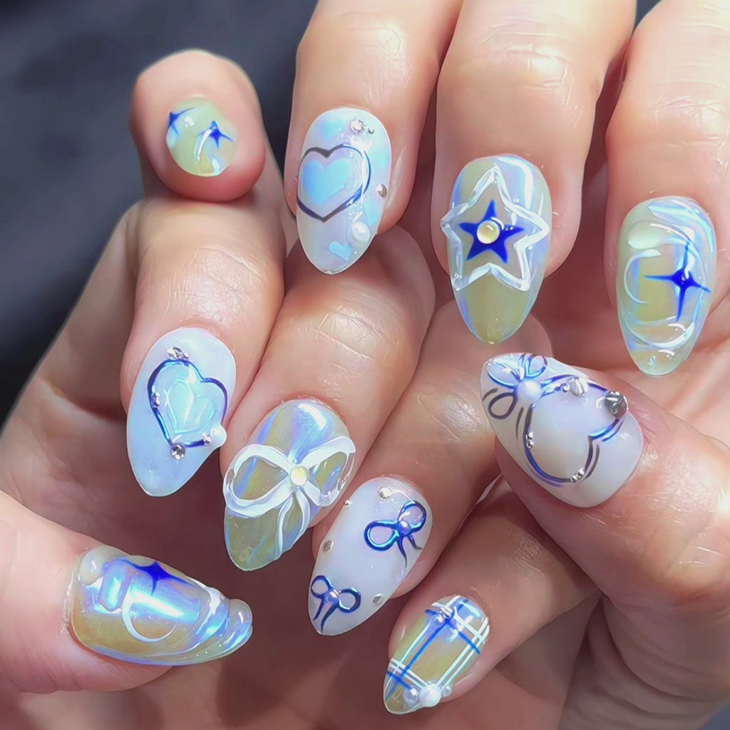 Short Almond Hand-Painted Press-On Nails | Luxury Blue Galaxy with 3D Stars and Hearts | Reusable 20pcs Kit