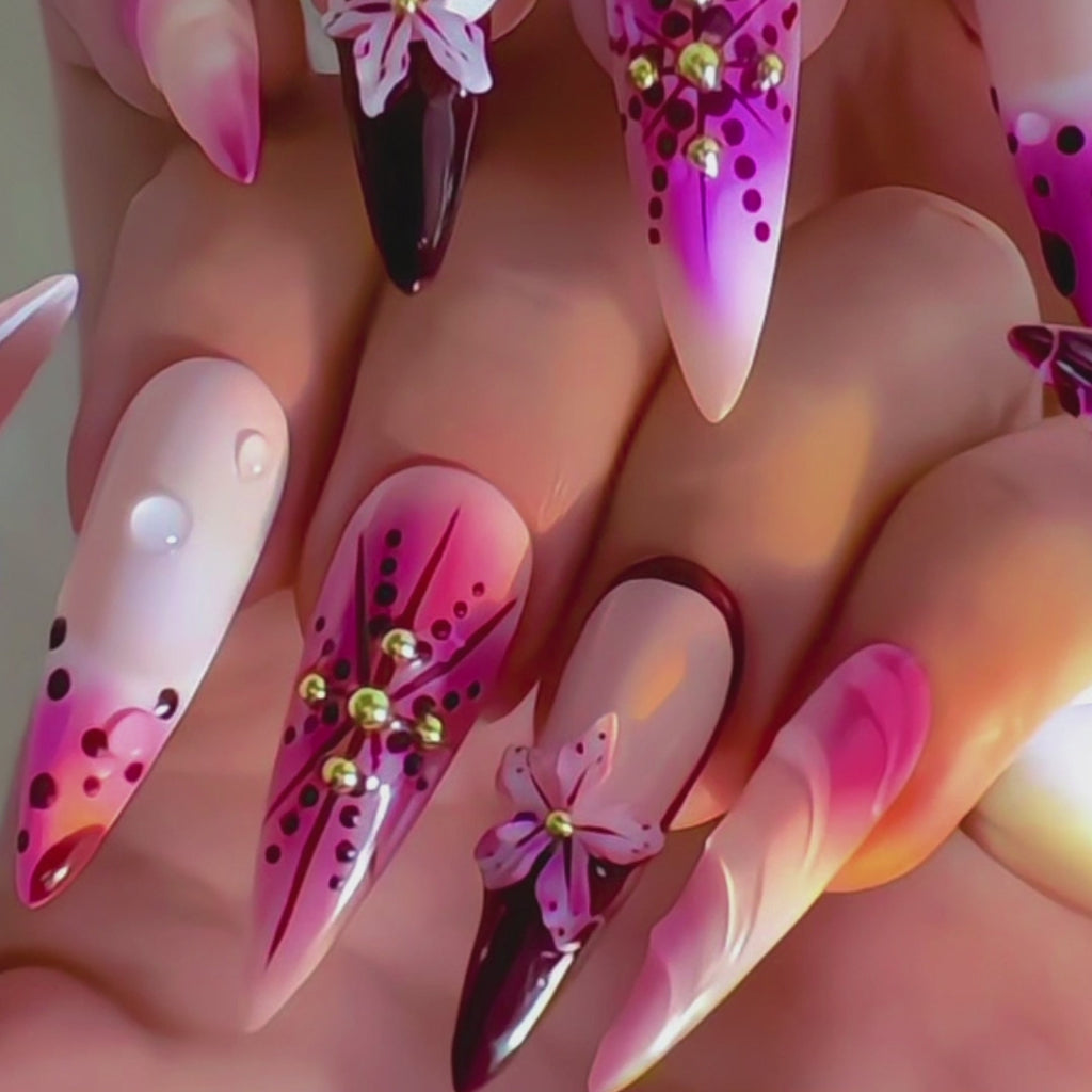 Long Stiletto Hand-Painted Press-On Nails | Luxury Wine Red Ombre with 3D Floral Design | Reusable 20pcs Kit