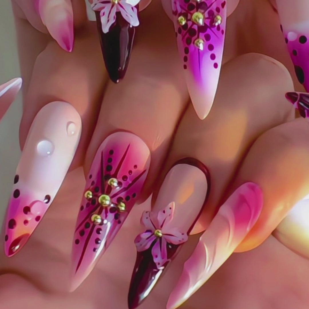 Long Stiletto Hand-Painted Press-On Nails | Luxury Wine Red Ombre with 3D Floral Design | Reusable 20pcs Kit