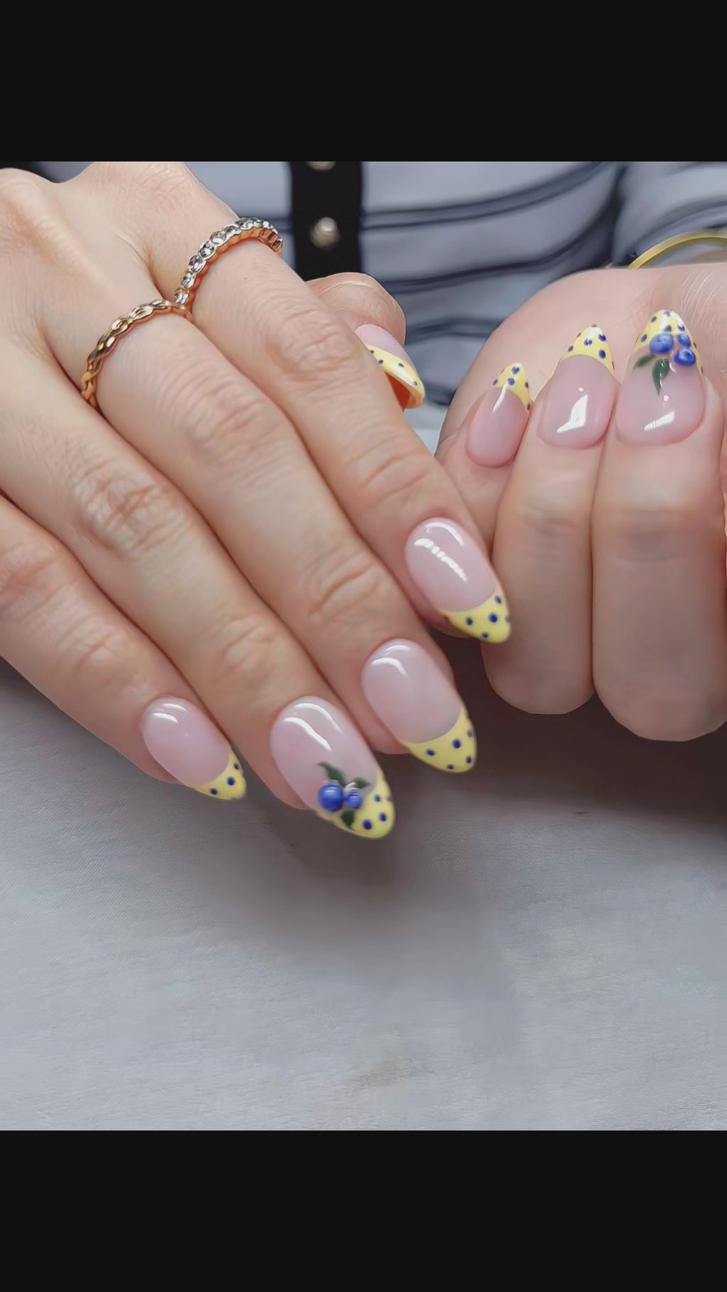 Hand-Painted Blueberry Nail Art | Short Almond French Tip Press-Ons | Summer Picnic Aesthetic| Hand-Painted Gel Reusable Set, 30 Nails, 15 Sizes
