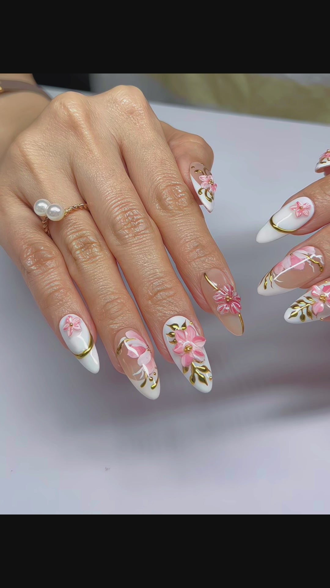 Blush Sakura Veil Press-On Nails –  Almond Nude Pink Set, 3D Cherry Blossom Floral Design, Gold Line Art Elegant Nails| Hand-Painted, Reusable 20pcs Kit